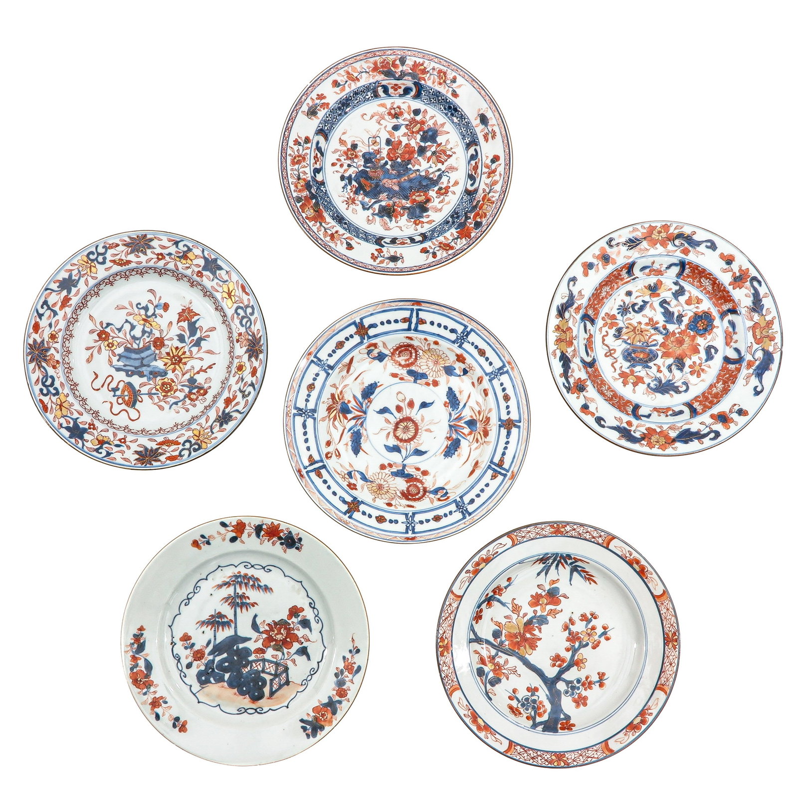 A Collection of 6 Plates: In a variety of decors and sizes, 18th Century, 23 cm. in diameter, chip and hairline.
