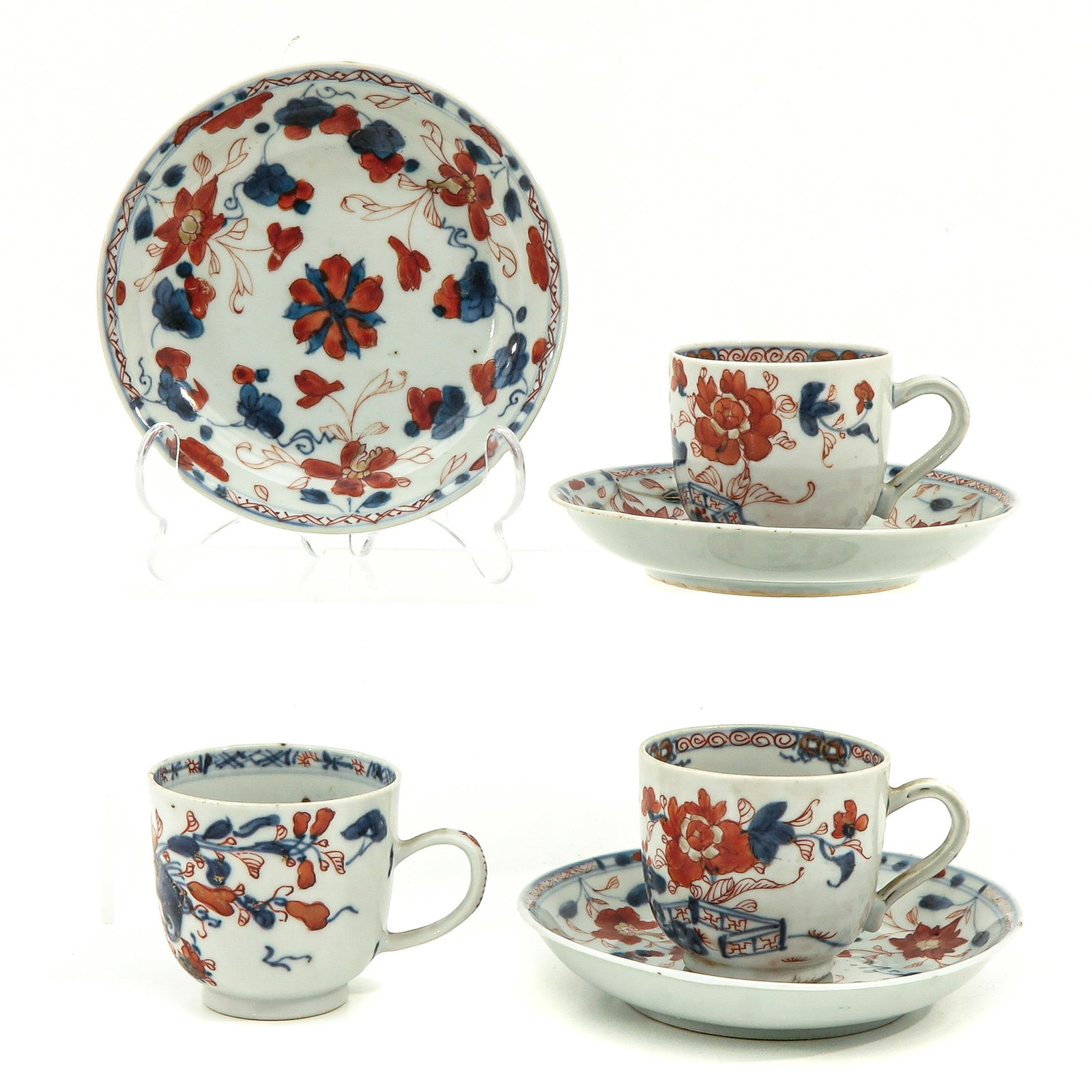 A Series of 3 Imari Cups and Saucers: Floral decor, 18th Century, saucers are 13 cm. in diameter.
