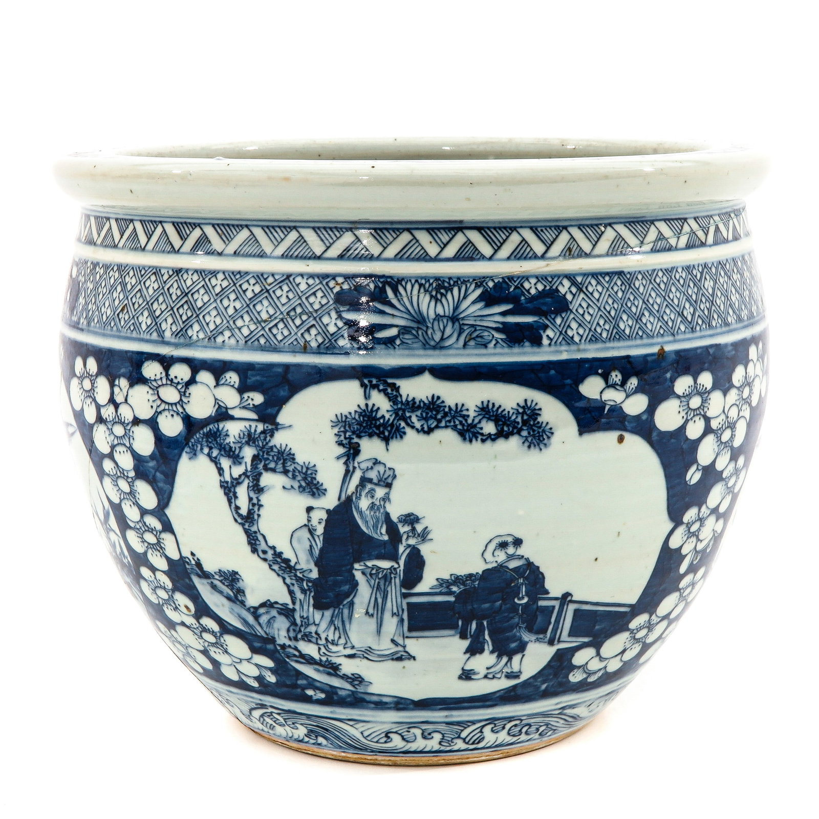 A Blue and White Fish Bowl: Decorated with Chinese figures in garden, 30 cm. tall, restored.