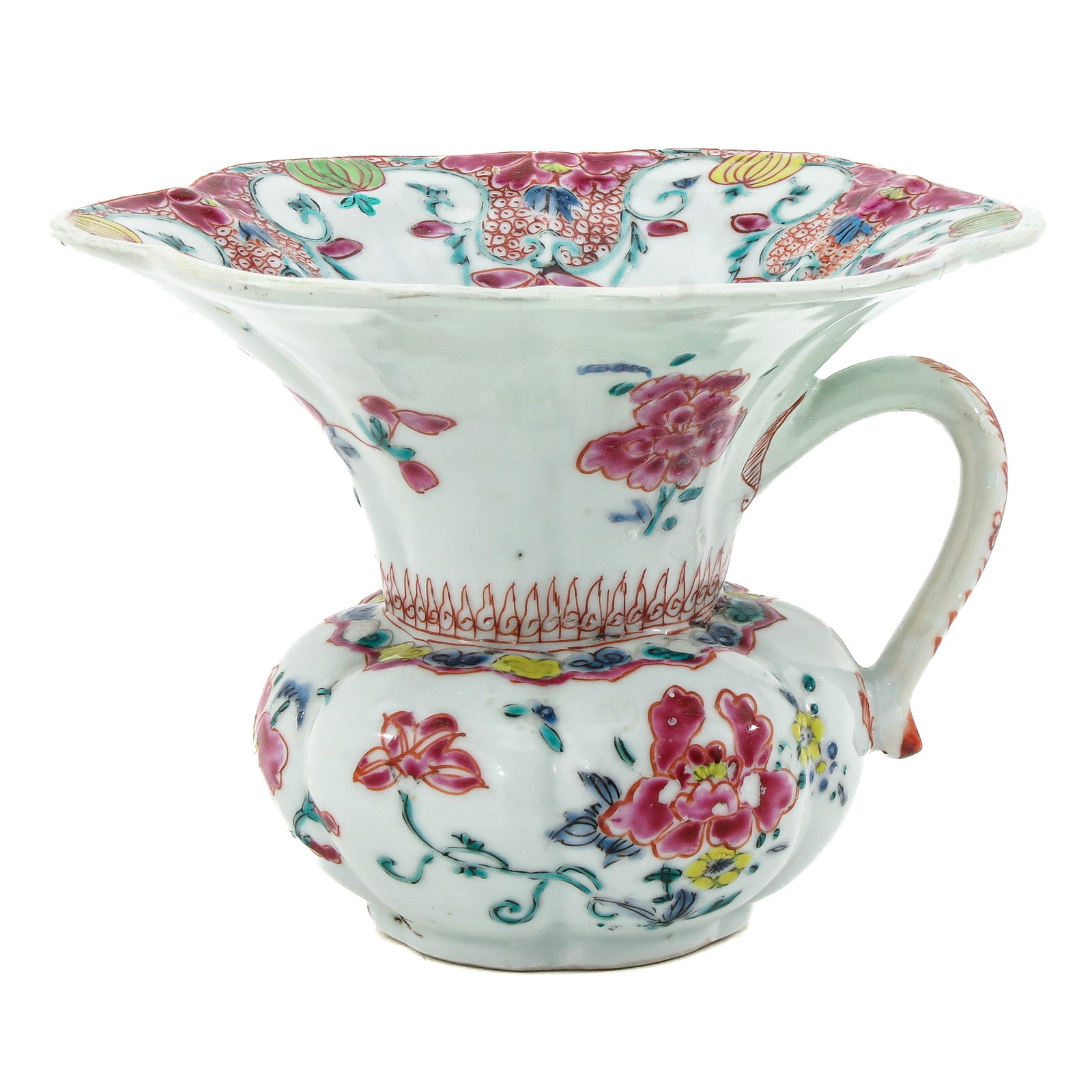 A Famille Rose Spittoon: Floral decor, 18th Century, 10 cm. tall, restored.