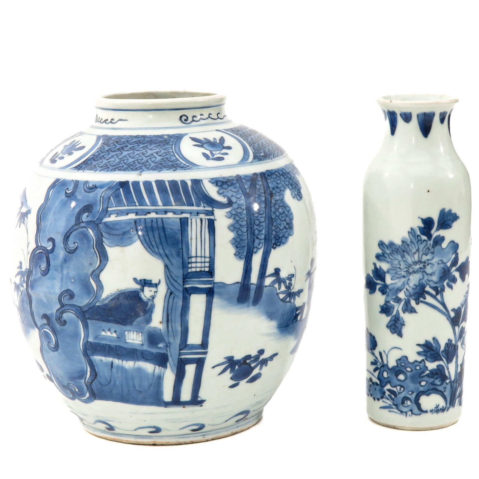 A Blue and White Jar and Vase: Depicting garden scene and scene with rocks, both are 20 cm. tall, restored.