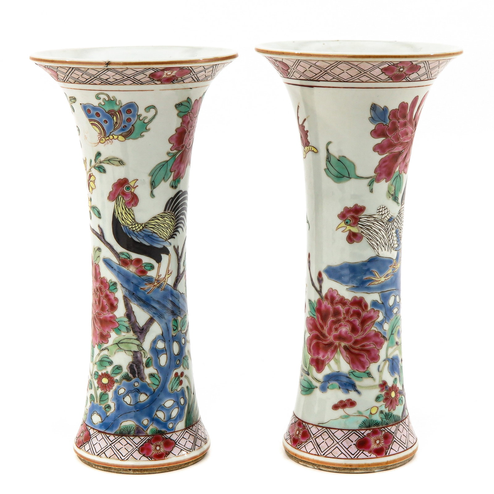 A Pair of Famille Rose Garniture Vases: Cockerel decor, 21 cm. tall.