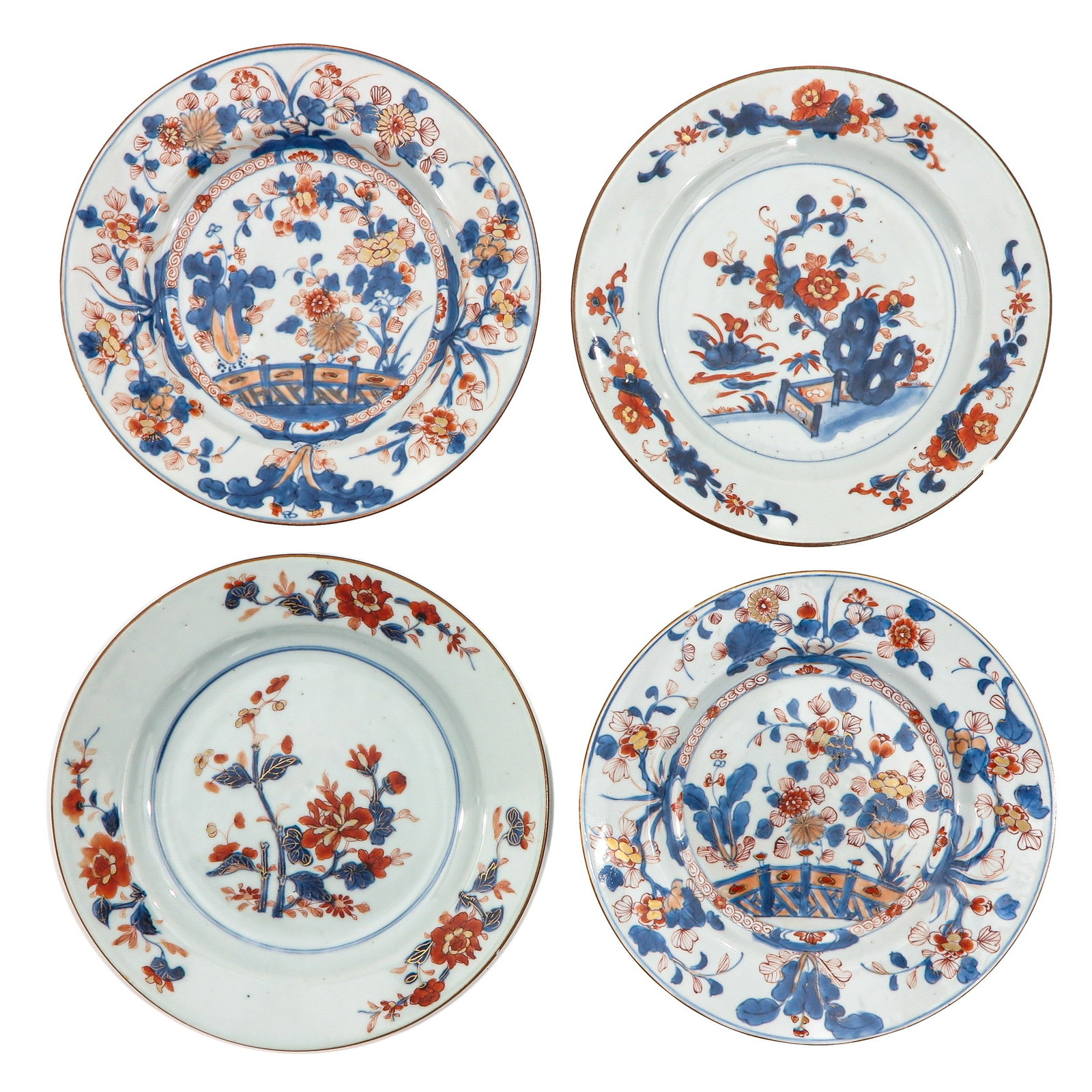 A Collection of 4 Imari Plates: Decorated with flowers and scenes in garden, 18th Century, 23 cm. in diameter, chip and hairline.