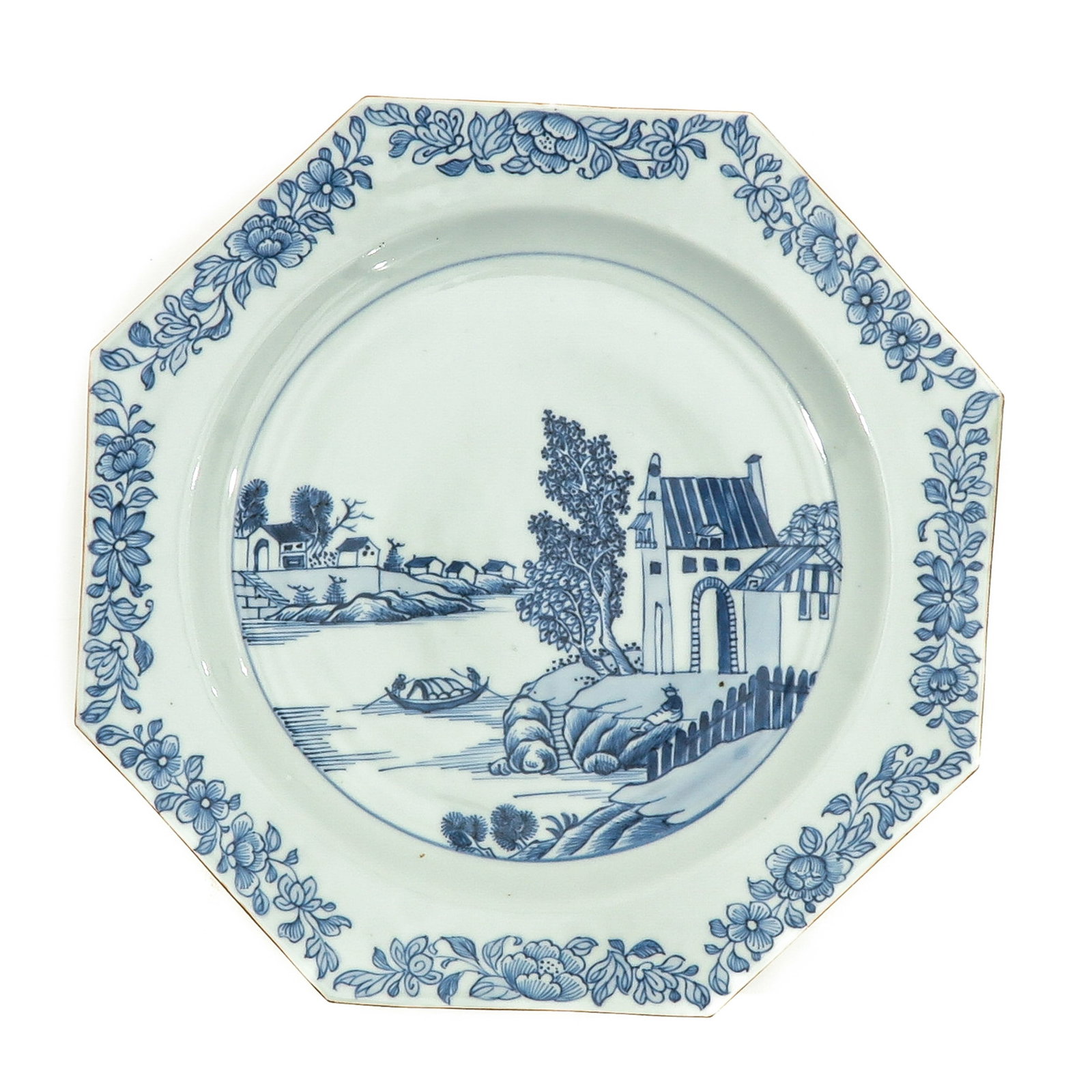 A Blue and White Plate: Octagon shape, landscape decor with boat, 27 cm. in diameter.