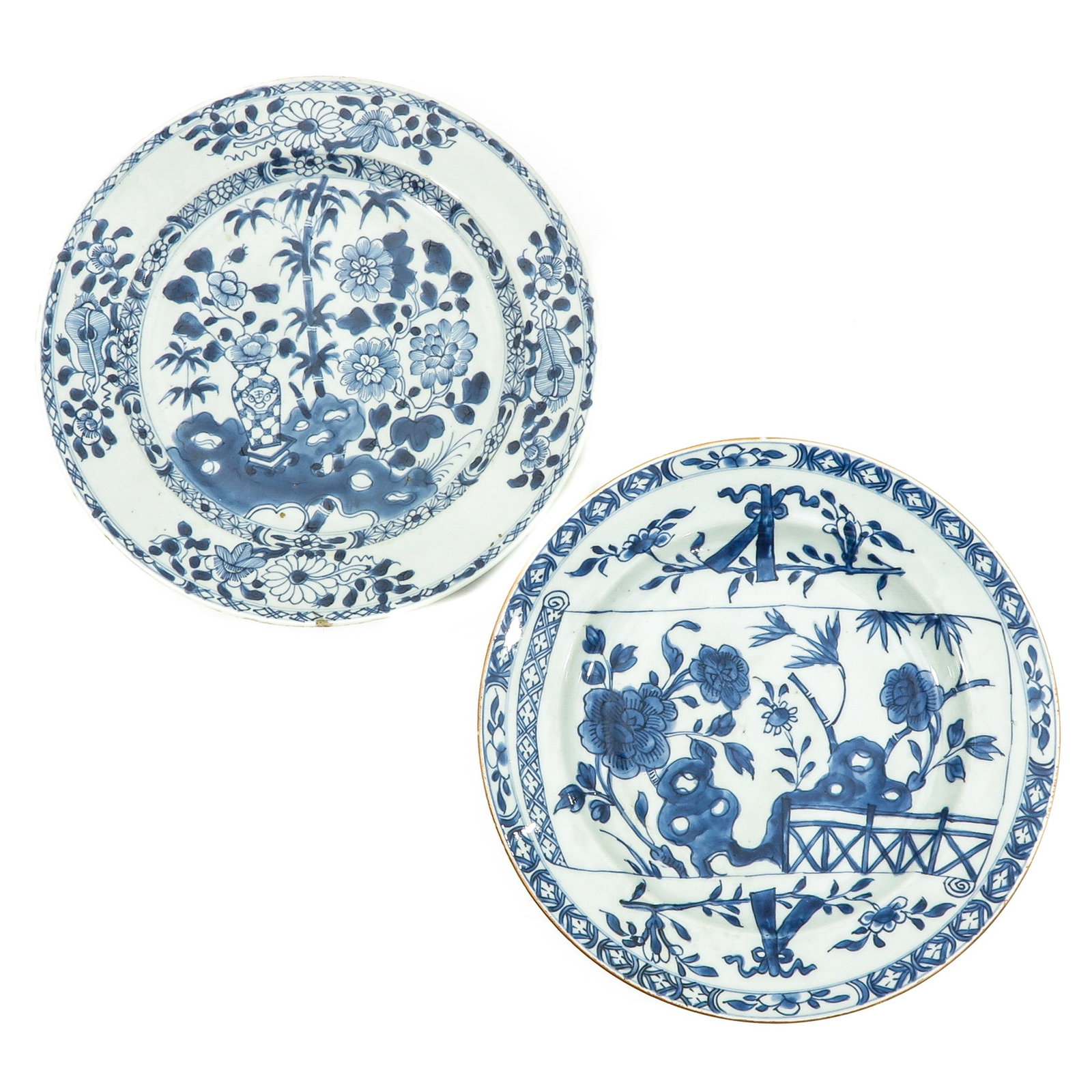 A Lot of 2 Blue and White Plates: Including scroll plate and plate decorated with flowers and Chinese antiquities, 18th Century, 28 cm. in diameter, fritting.