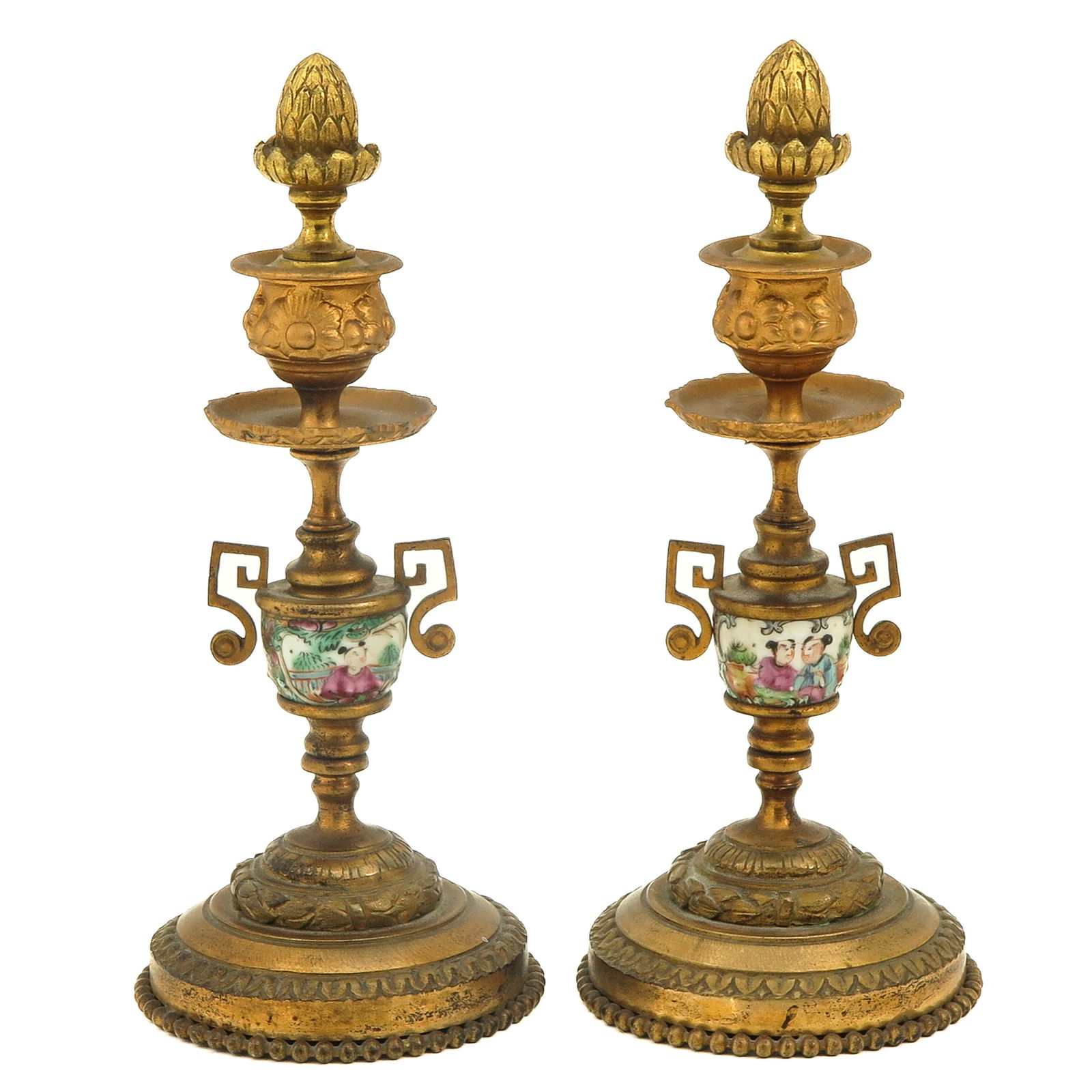 A Pair of Cantonese Cantonese Candlesticks: Bronze fittings, 23 cm. tall.