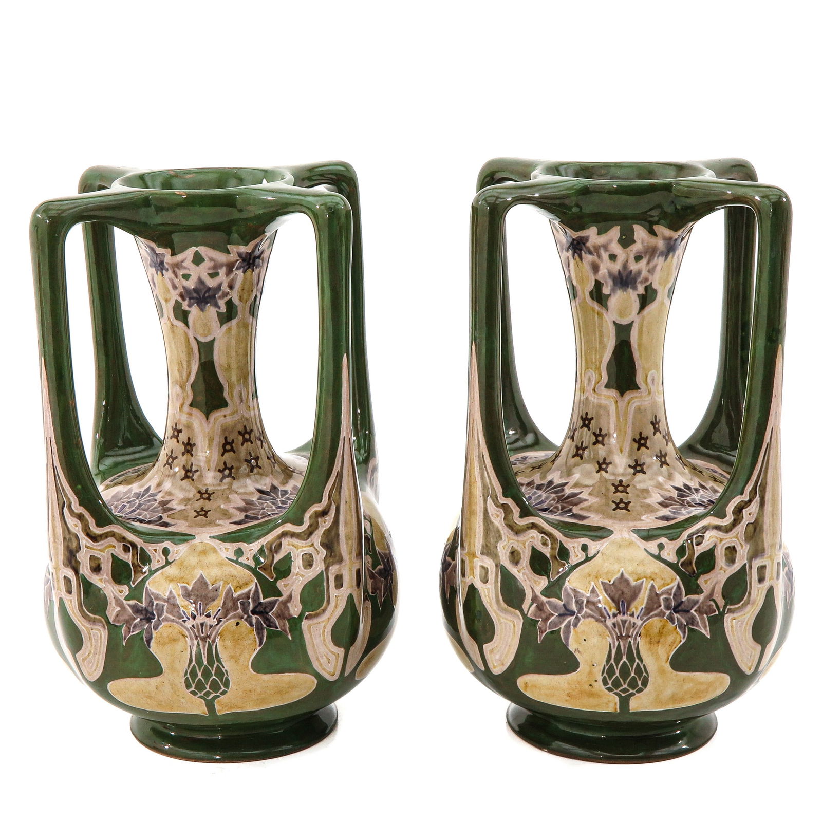 A Pair of Rozenburg Vases: vases, earthenware, marked Rozenburg Den Haag, with painting of flowers, height 31 cm., restored