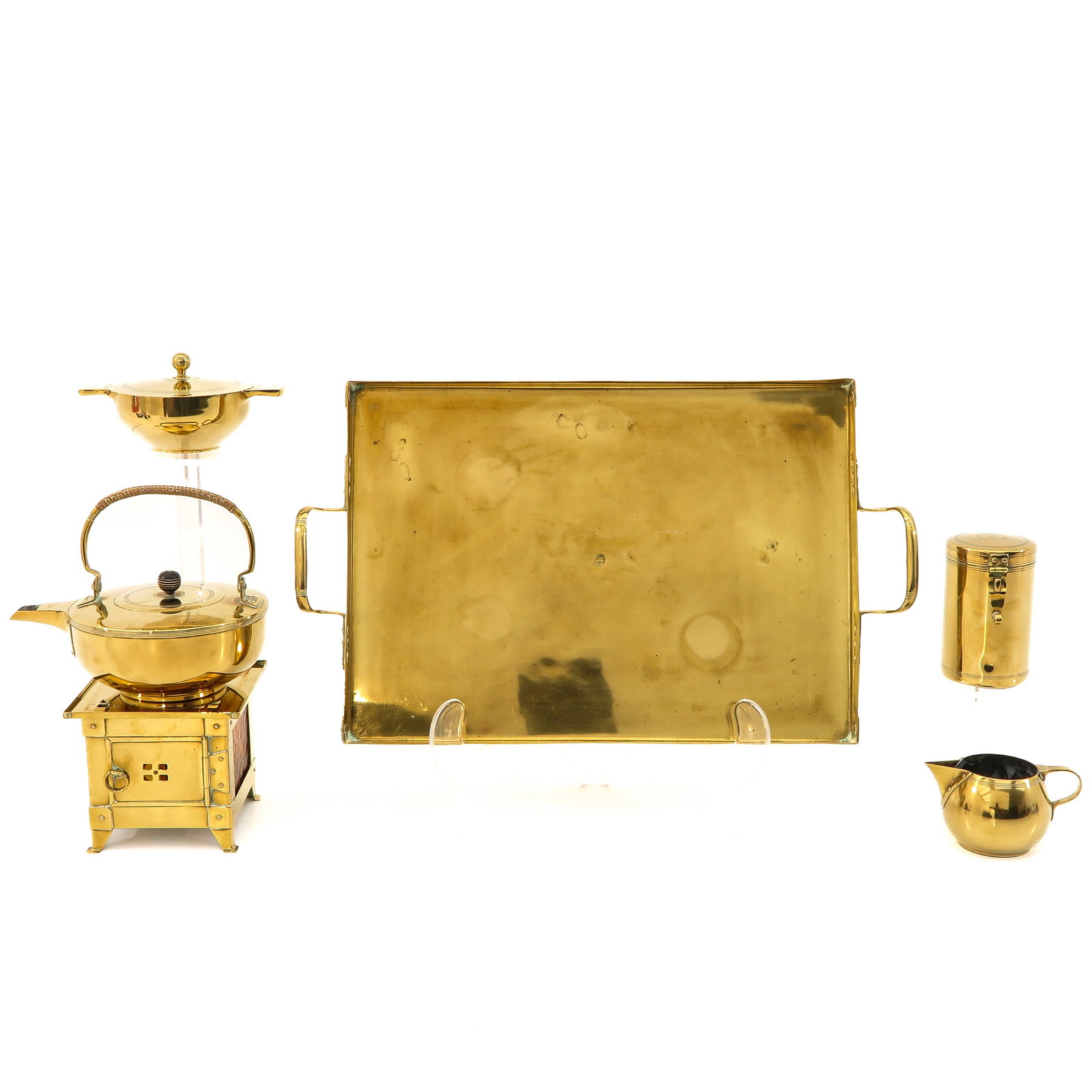 A Coffee set: brass, design Eisenloeffel, ca. 1905, length tray 43 cm.