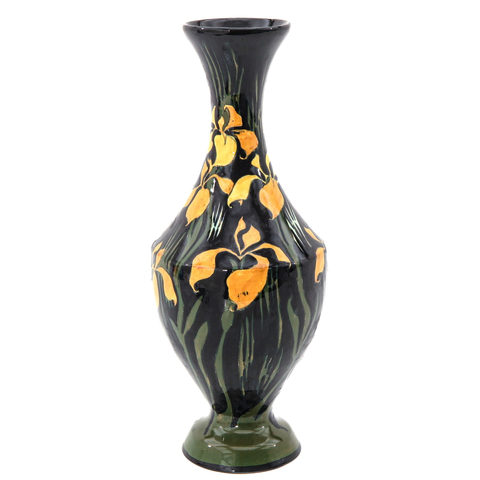 A Rozenburg Vase: pottery, marked Rozenburg Den Haag, with painting of flowers, height 30 cm., restored