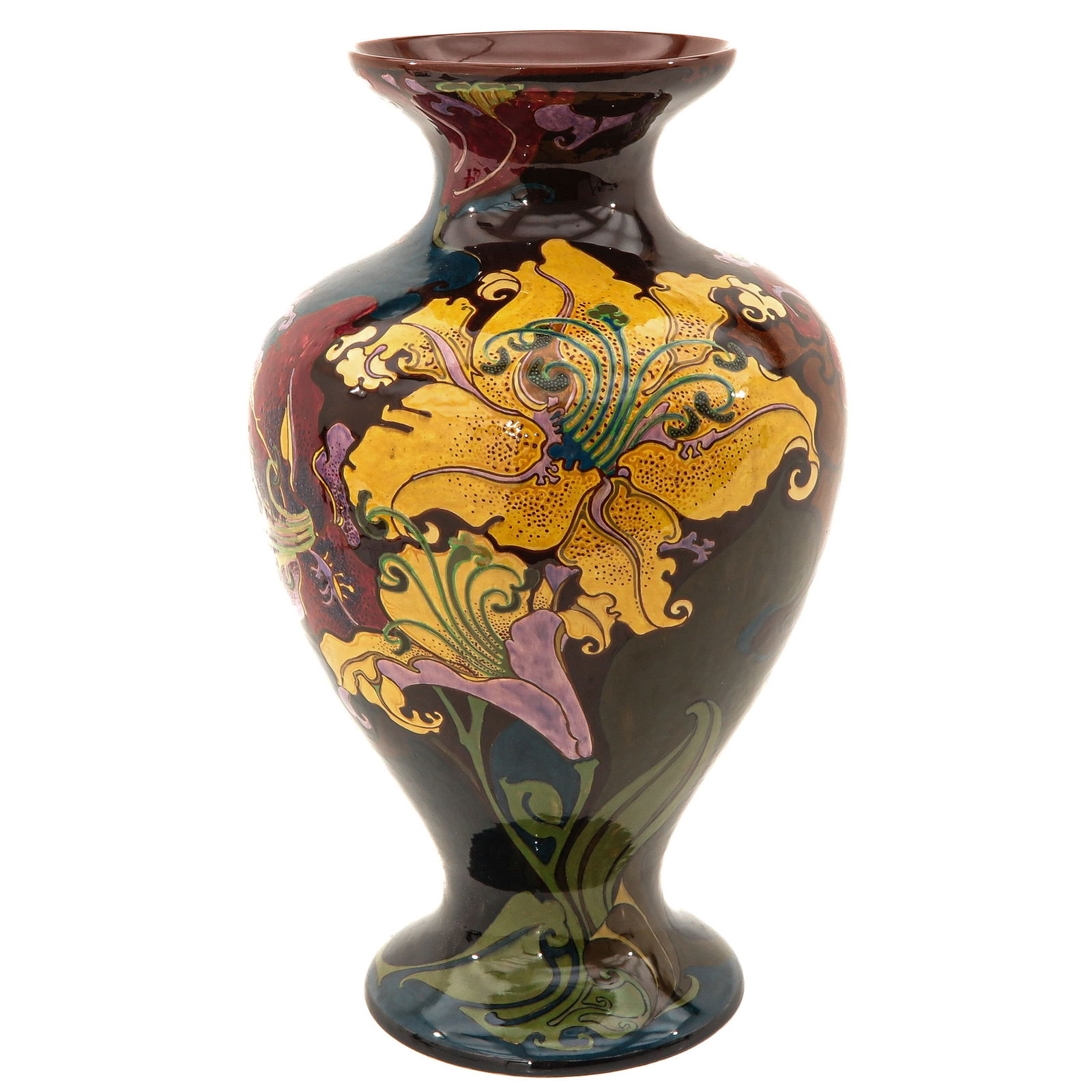A Rozenburg Goblet Vase: pottery, marked Rozenburg Den Haag, painting of flowers, height 50 cm.