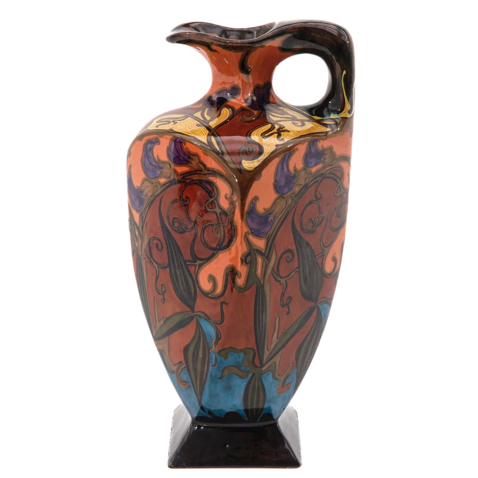 A Rozenburg Jug: Floral decor, 30cm. tall, small restoration on base.