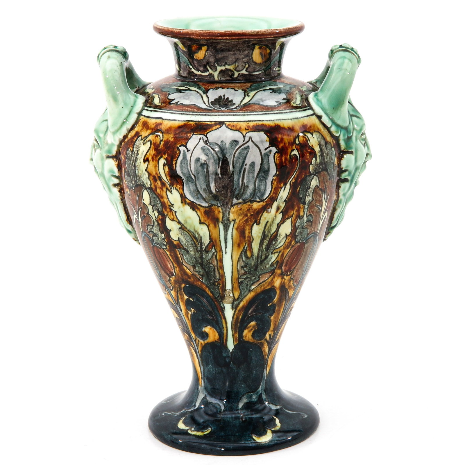A Rozenburg Vase: earthenware, marked Rozenburg Den Haag, with painting of flowers, height 25 cm.