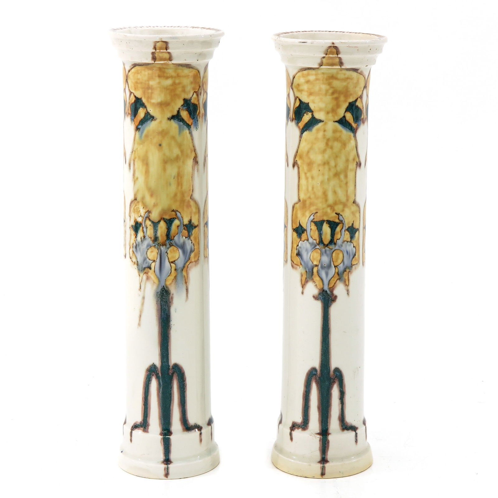 A Pair of Rozenburg Vases: Earthenware, marked Rozenburg Den Haag, with Colenbrander design, height 25 cm., restored