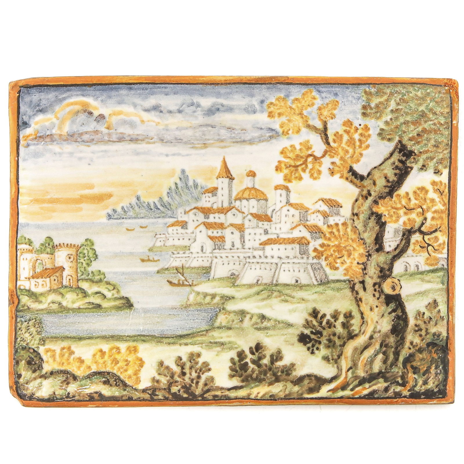 An 18th Century Tile: with the representation of a town by the sea with a tree on the right, Castelli, 18th century, 16 x 12 cm.