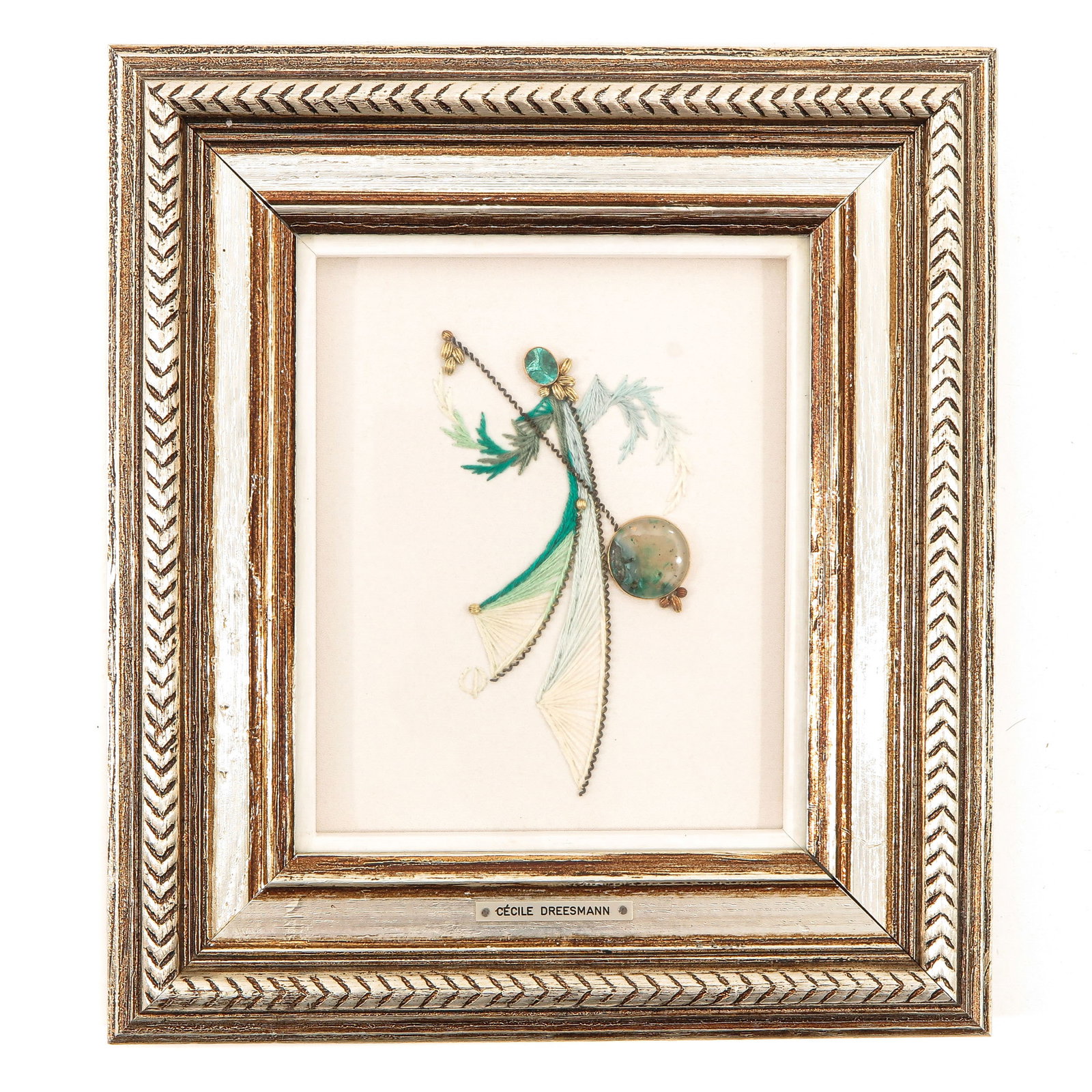 A Framed Embroidery: Combined with semi-precious stones, Cecile Deessmann, 23 x 26 cm.