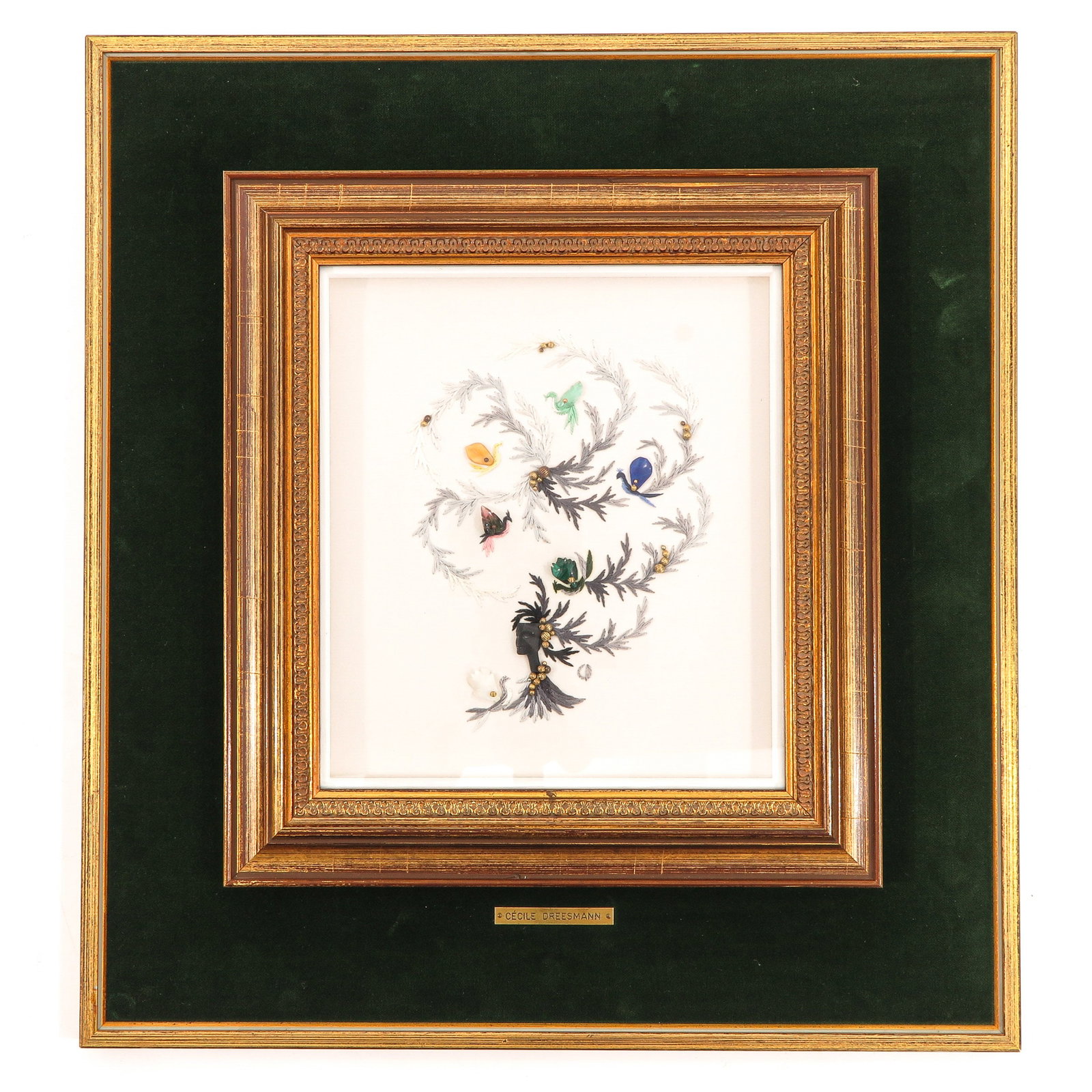 A Framed Embroidery: Combined with semi-precious stones, Cecile Dreesmann, 40 x 43 cm.
