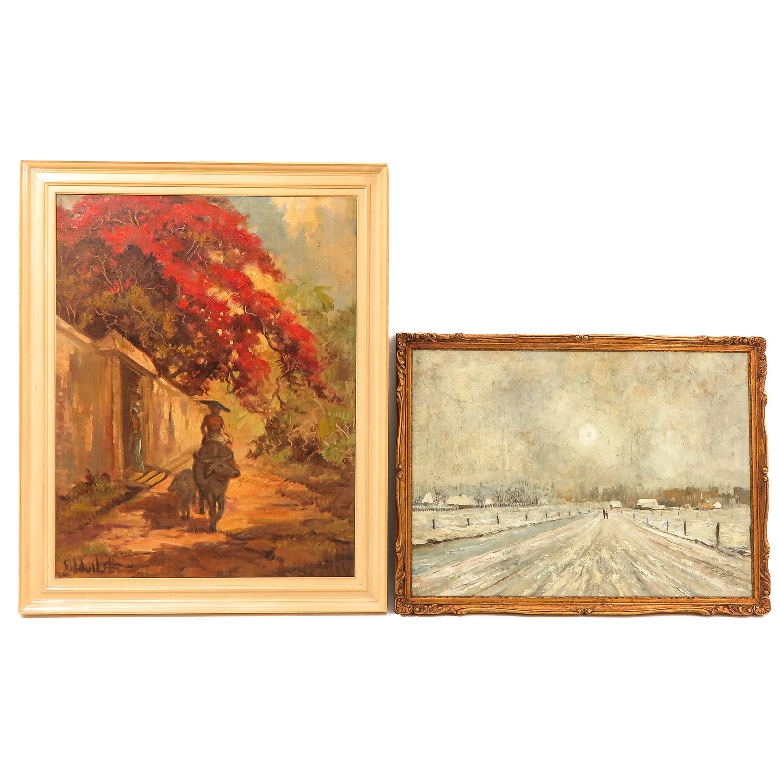 A Lot of 2 Paintings: Oil on canvas and oil on board, including an Indonesian representation, dimensions largest 77 x 98 cm.