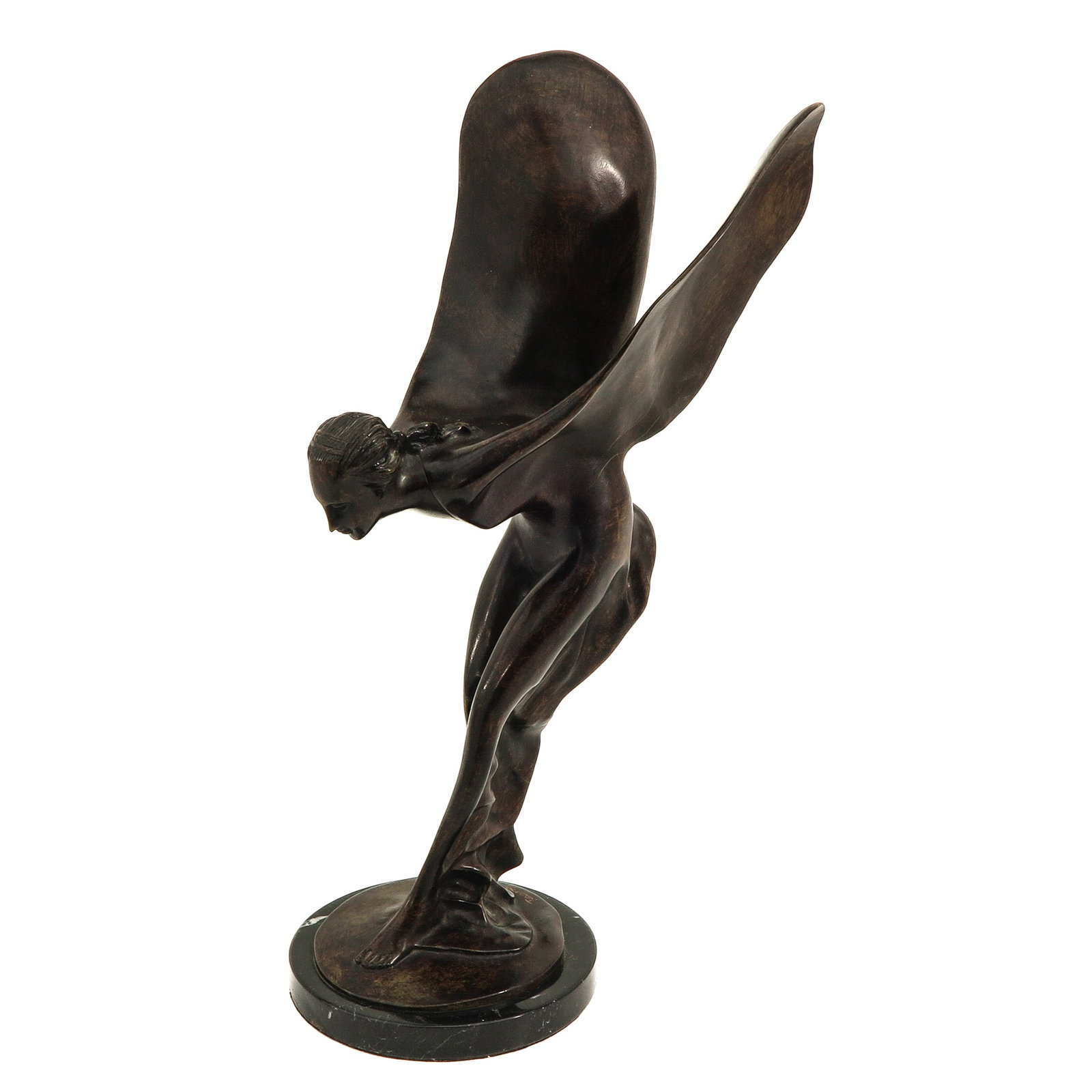 A Sculpture on Marble Base: Signed Teemo, depicting Spirit of Ecstasy, height 52 cm.