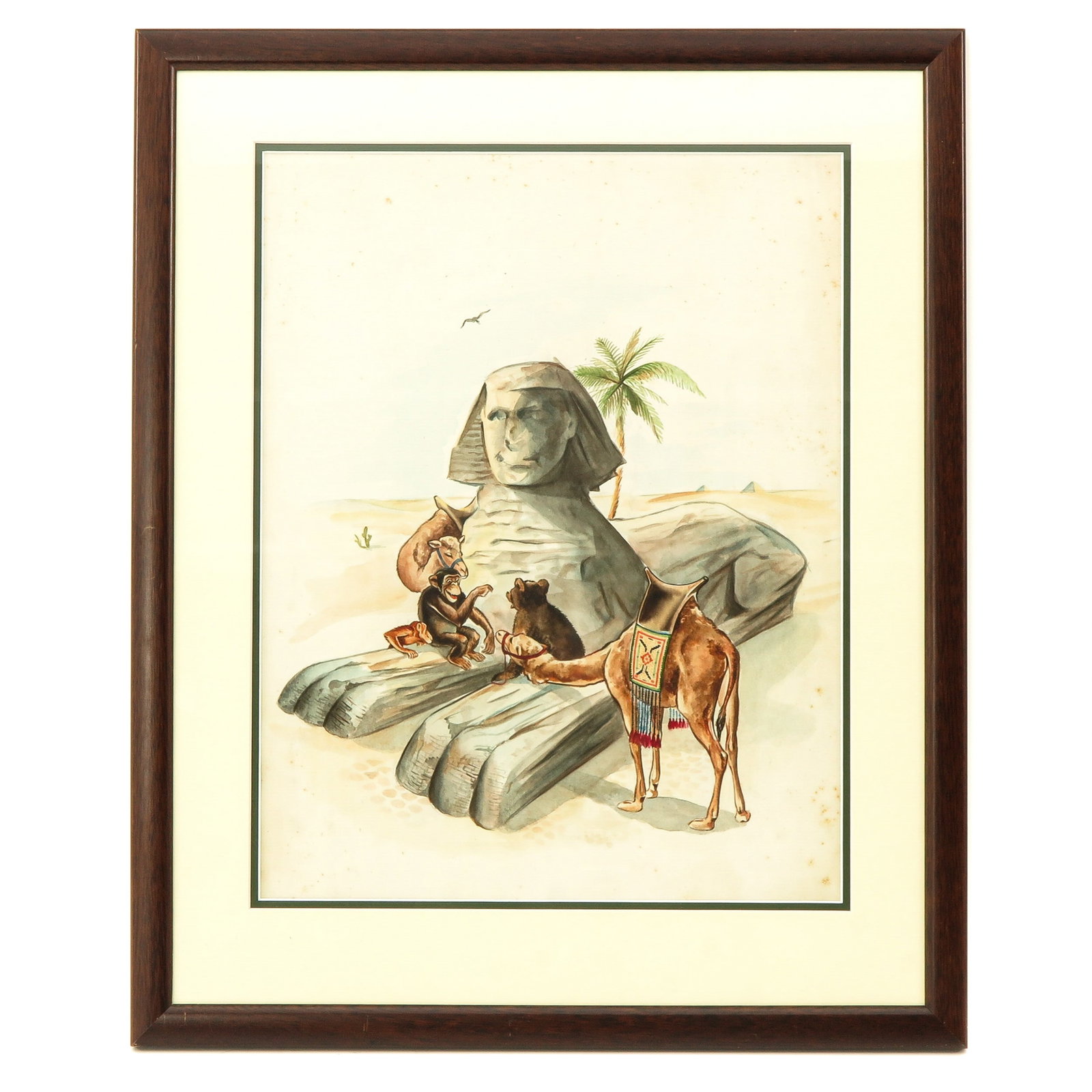 A Signed Watercolor: Gouache on paper, Marinus Harm “Rien” Poortvliet ( 1932 - 1995 ), titled “A toast at the sphinx”, early work from the time that Poortvliet worked in advertising, 31 x 41 cm.