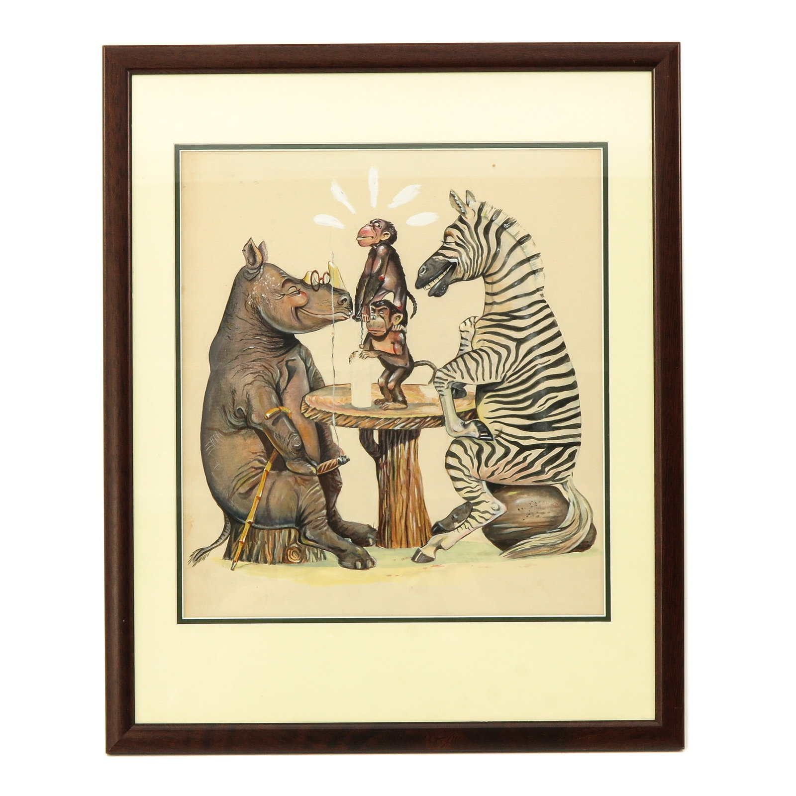 A Watercolor: Gouache on paper, Marinus Harm “Rien” Poortvliet ( 1932 - 1995 ), titled ”Opening the bottle”, early work from the time that Poortvliet worked in advertising, 33 x 36 cm.