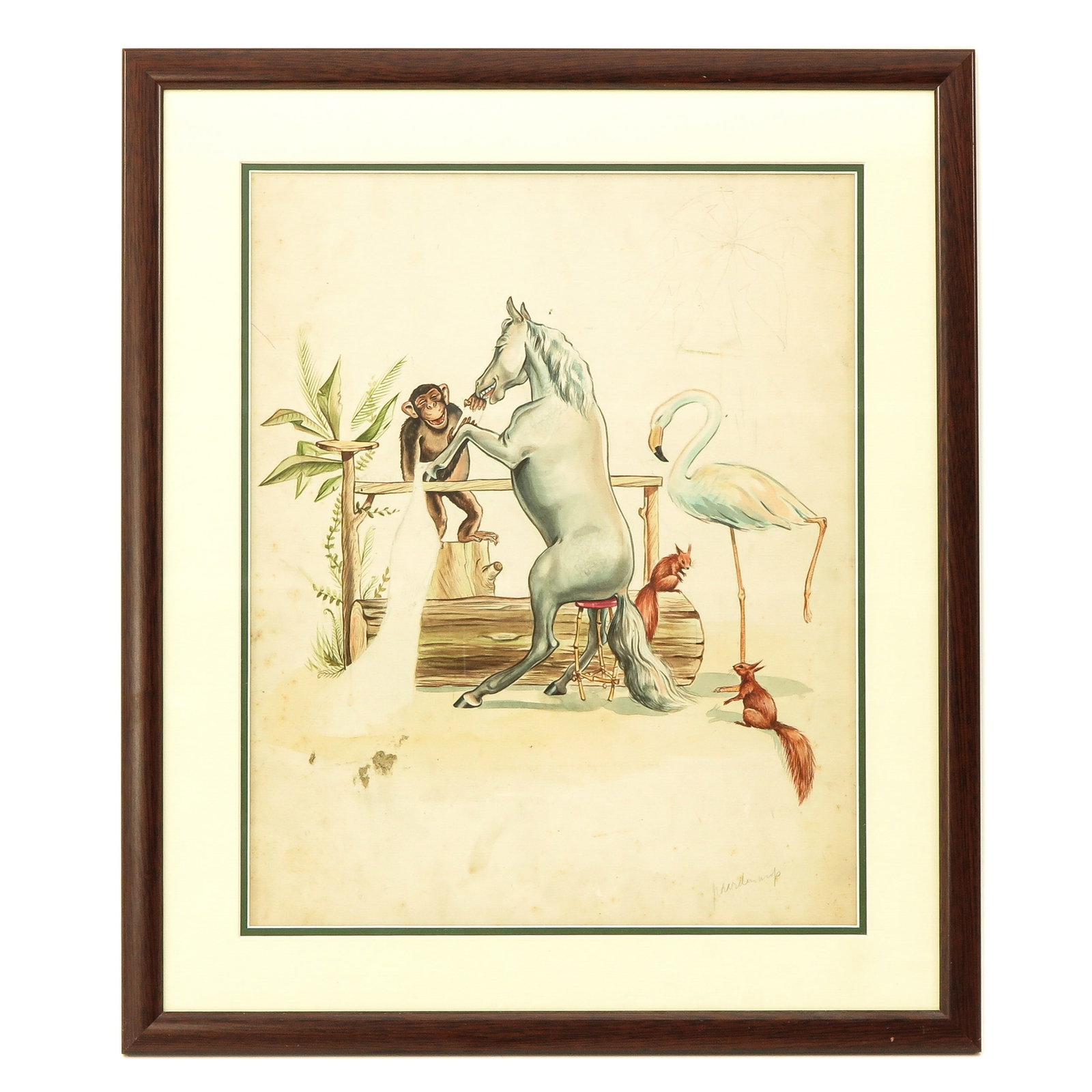 A Water Color: Gouache on paper, Marinus Harm “Riem” Poortvliet ( 1932 - 1995 ), titled “Horse joke”, early work from the time that Poortvliet worked in advertising, 33 x 42 cm.