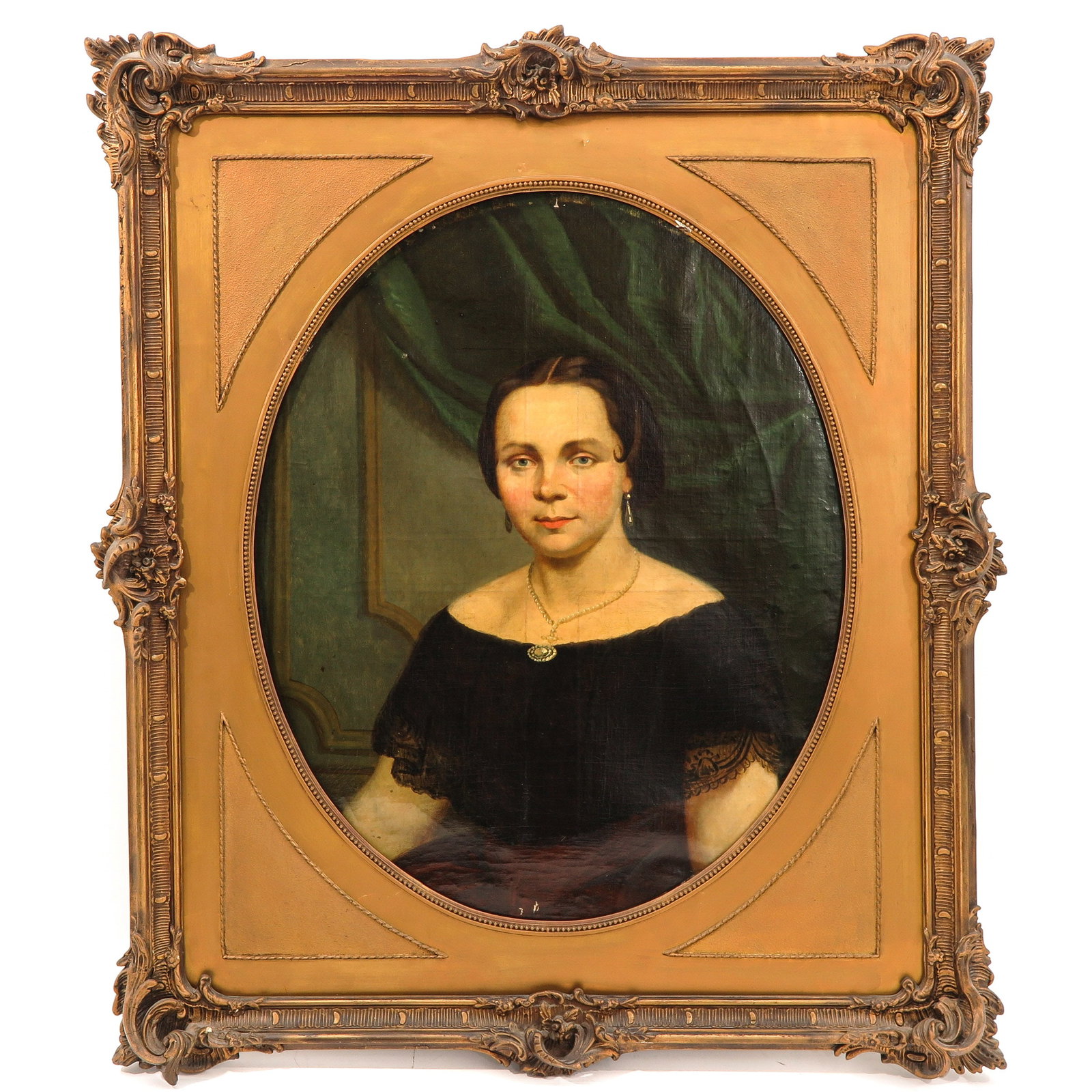 An Oil on Canvas Painting: Depicting a portrait of a woman, 19th century, Flanders, frame dimensions 96 x 112 cm. This lot will not be shipped by us.