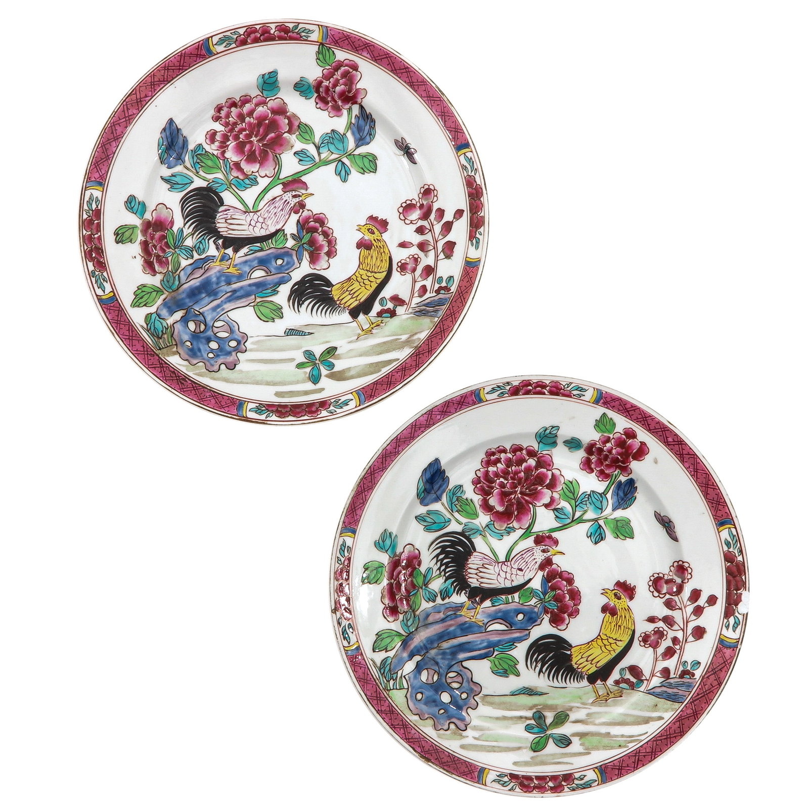A Pair of Famille Rose Plates: Decorated with roosters in garden, 24 cm. in diameter.