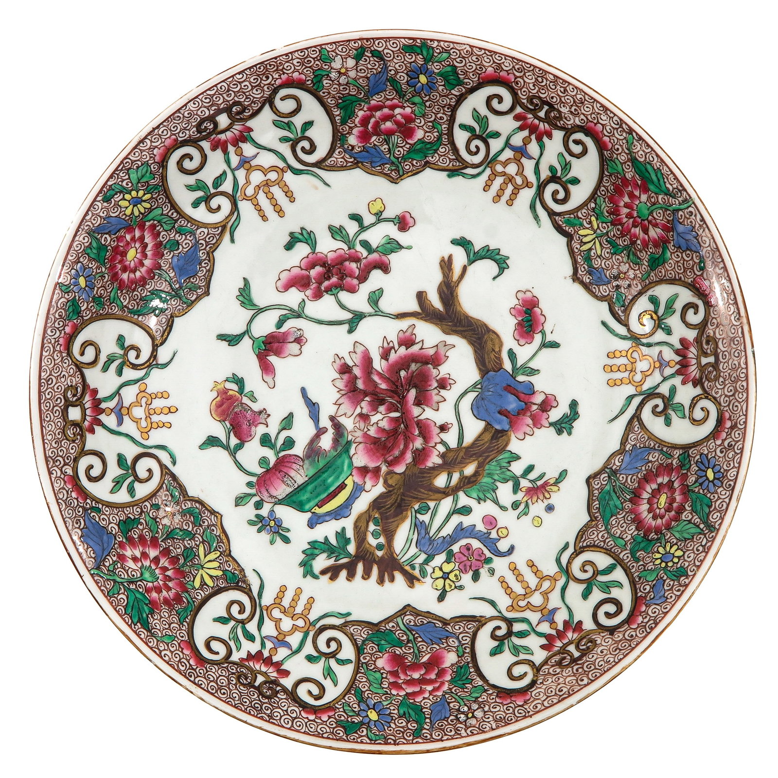 A Famille Rose Charger: Central decoration of flowers and basket with fruit, 28 cm. in diameter, chip.