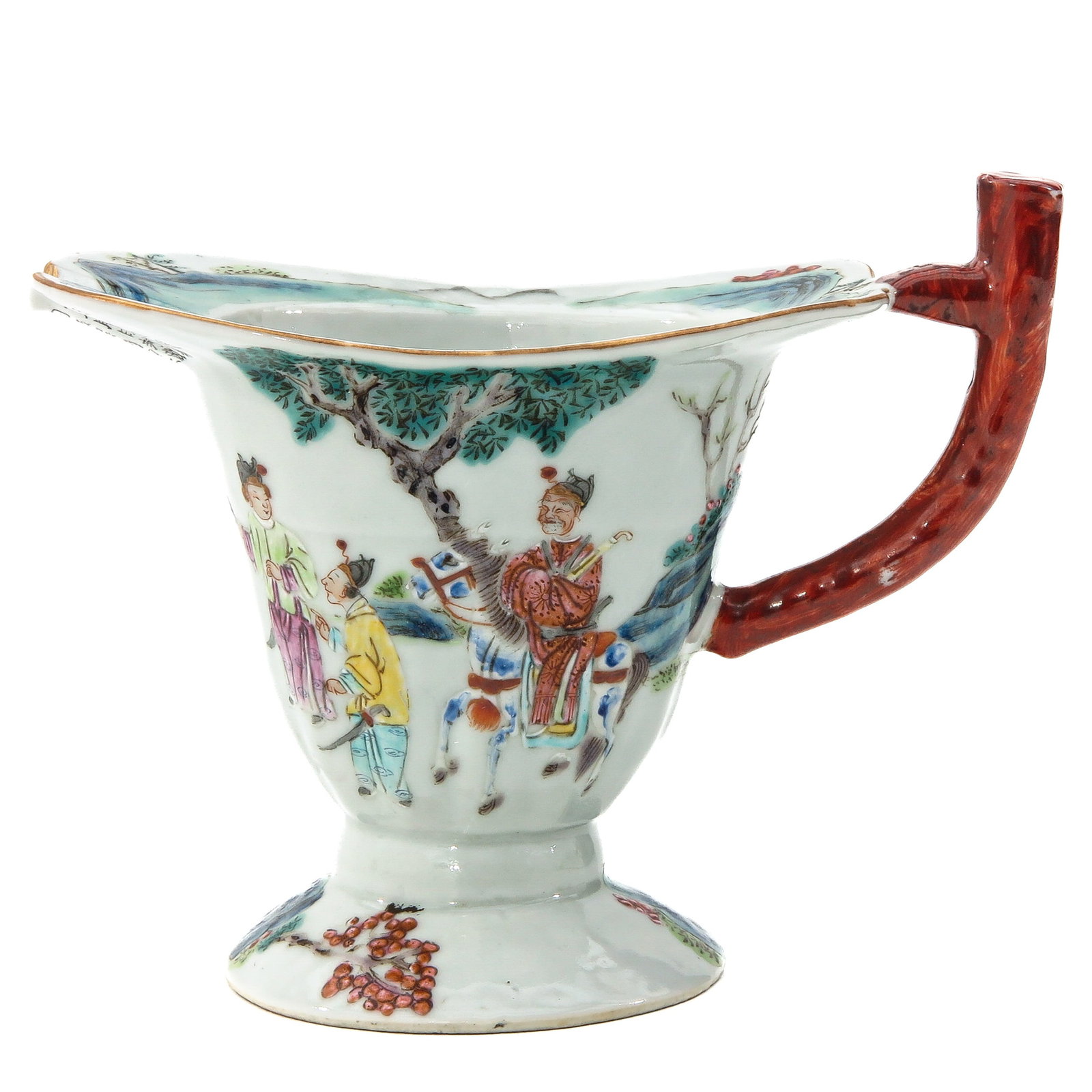 A Famille Rose Gravy Boat: Decorated with Chinese figures and text, 13 cm. tall.