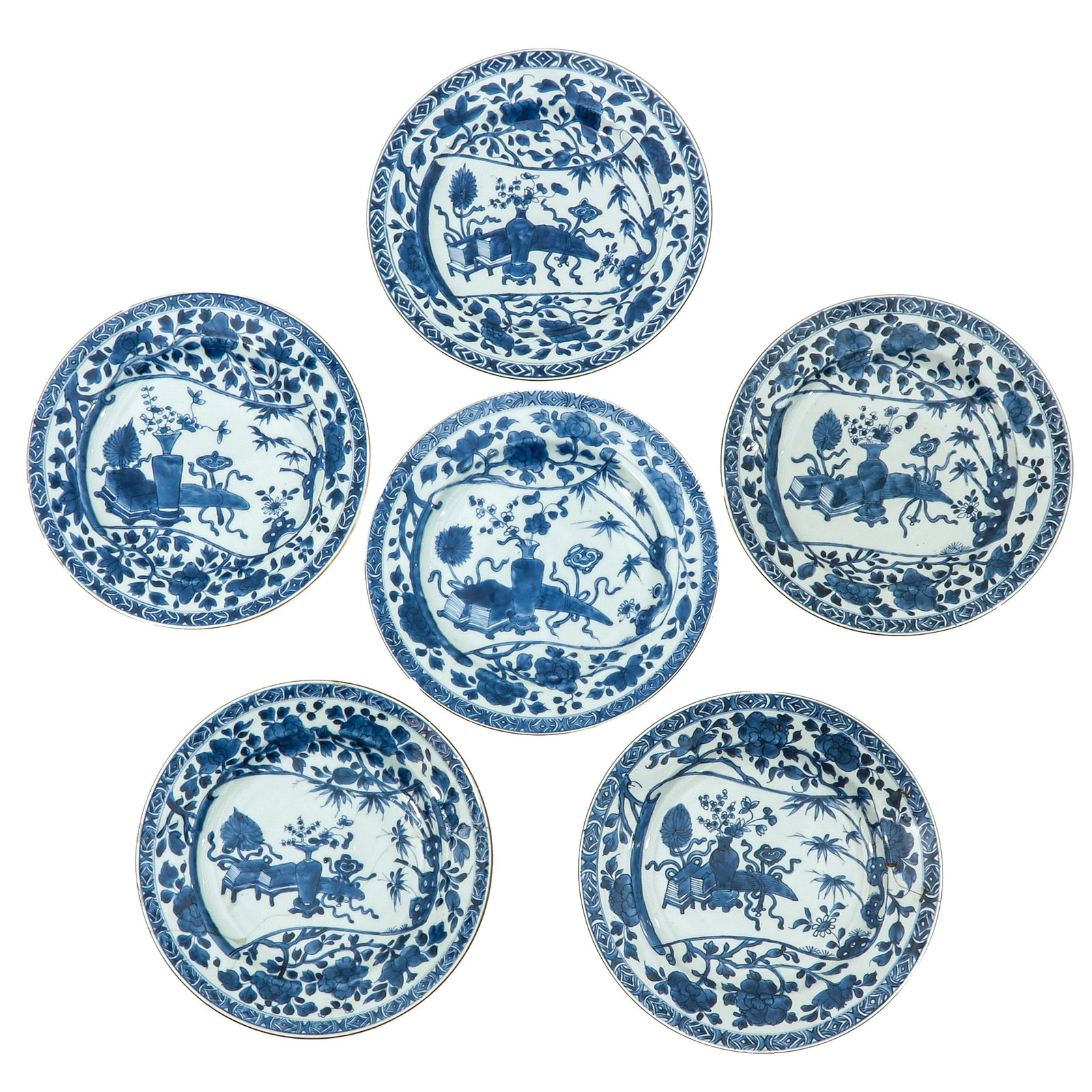 A Group of 6 Antiquities Blue and White Plates: 18th Century, 28 cm. in diameter, in diverse conditions.