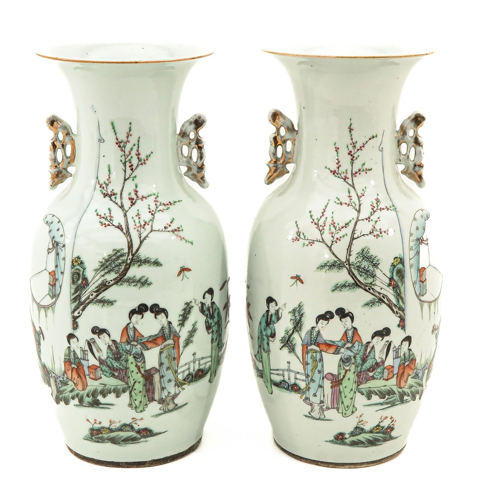 A Pair of Qianjing Cai Vases: Decorated with Chinese ladies gathering in garden, 42 cm. tall.