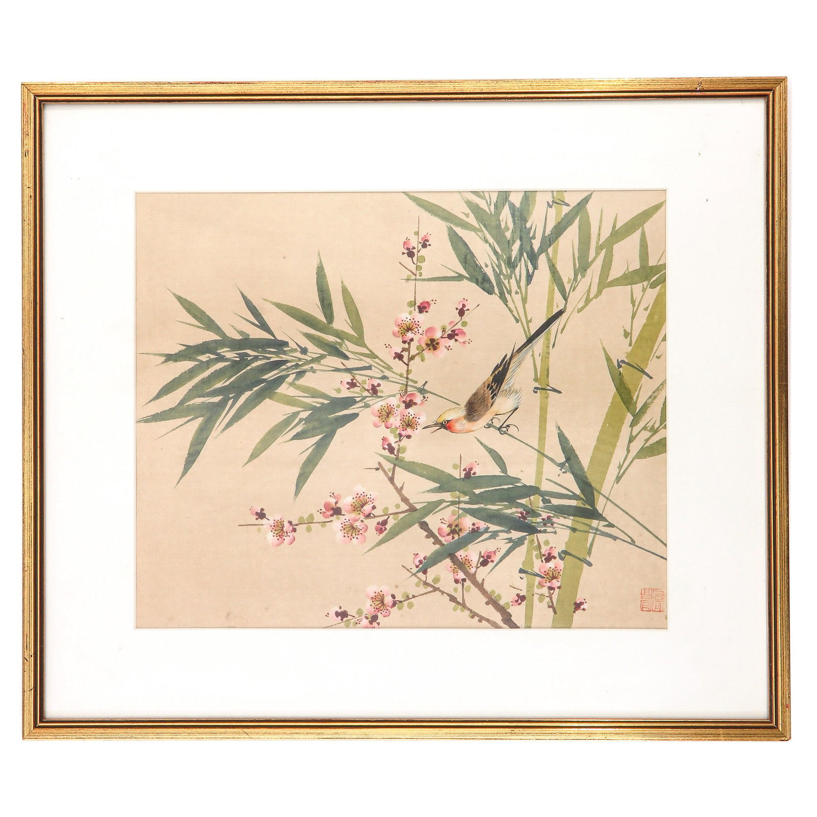 A Framed Chinese Work of Art: Depicting flowers and bird, with seal mark, total measurements including frame 41 x 48 cm.