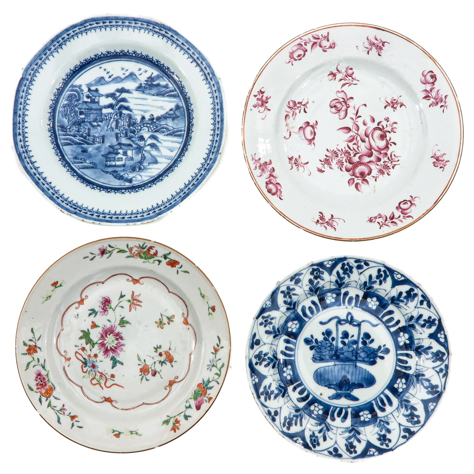 A Collection of 4 Plates: In a variety of decors, including 18th Century, largest plate is 23 cm. in diameter, in diverse conditions, chip and hairline.