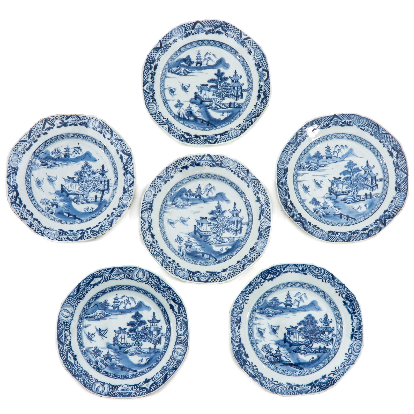 A Series of 6 Blue and White Plates: Landscape decor, Qianlong Period, 23 cm. in diameter, chip and hairline.