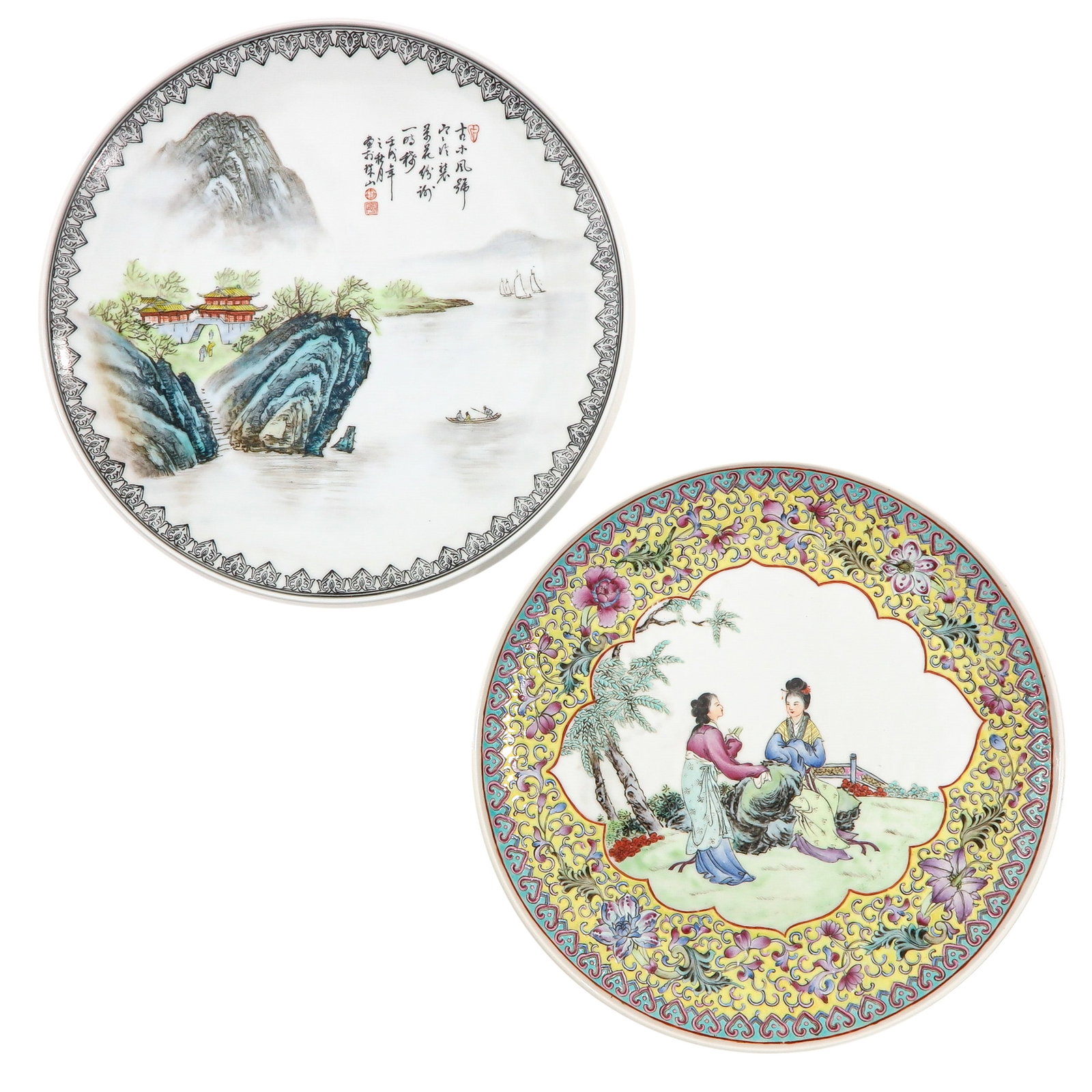 A Pair of Famille Rose Plates: On raised circular base, Rebublic, 27 cm. in diameter.
