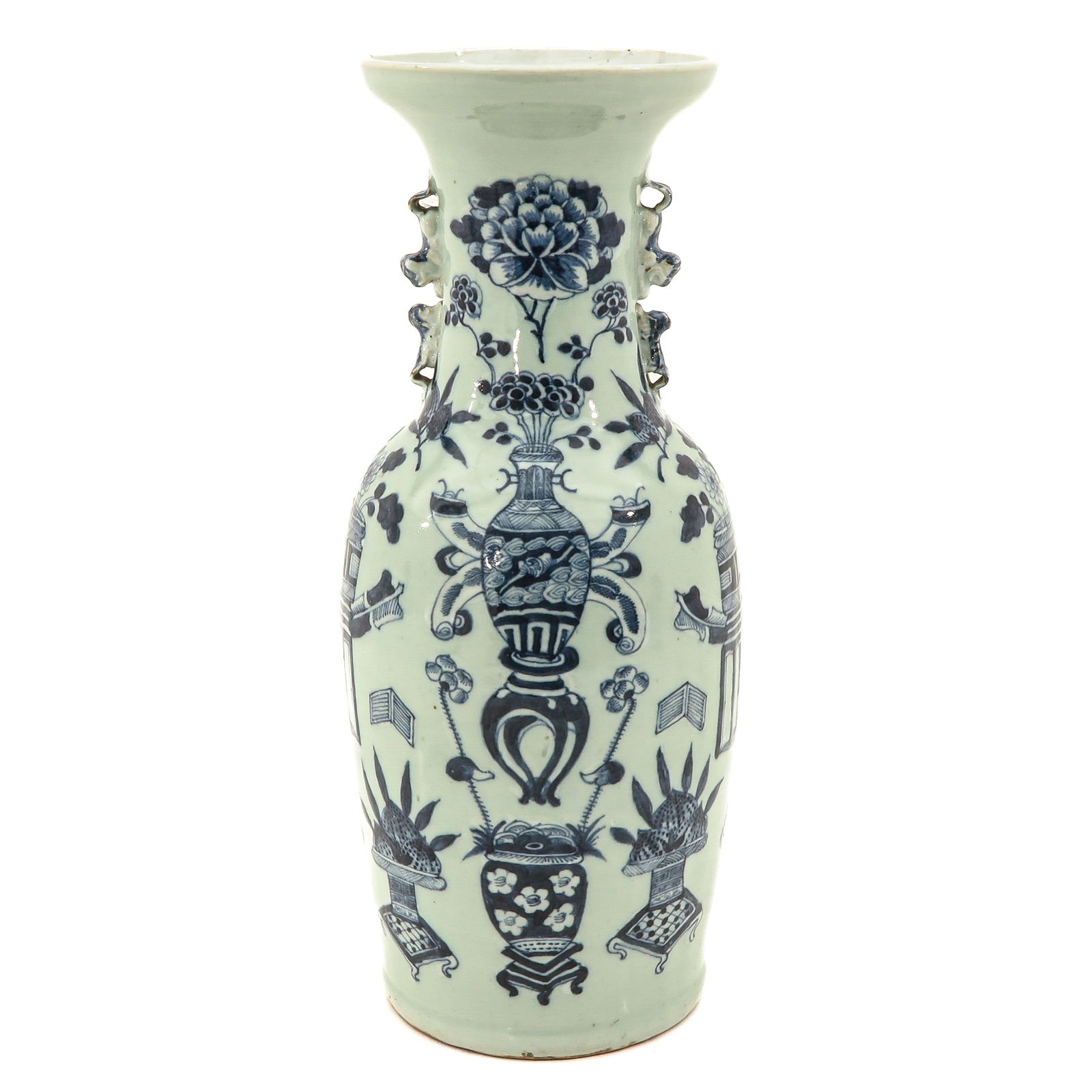 A Celadon Ground and Blue Vase: Celadon ground decorated with Chinese antiquities, 19th Century, 56 cm. tall.