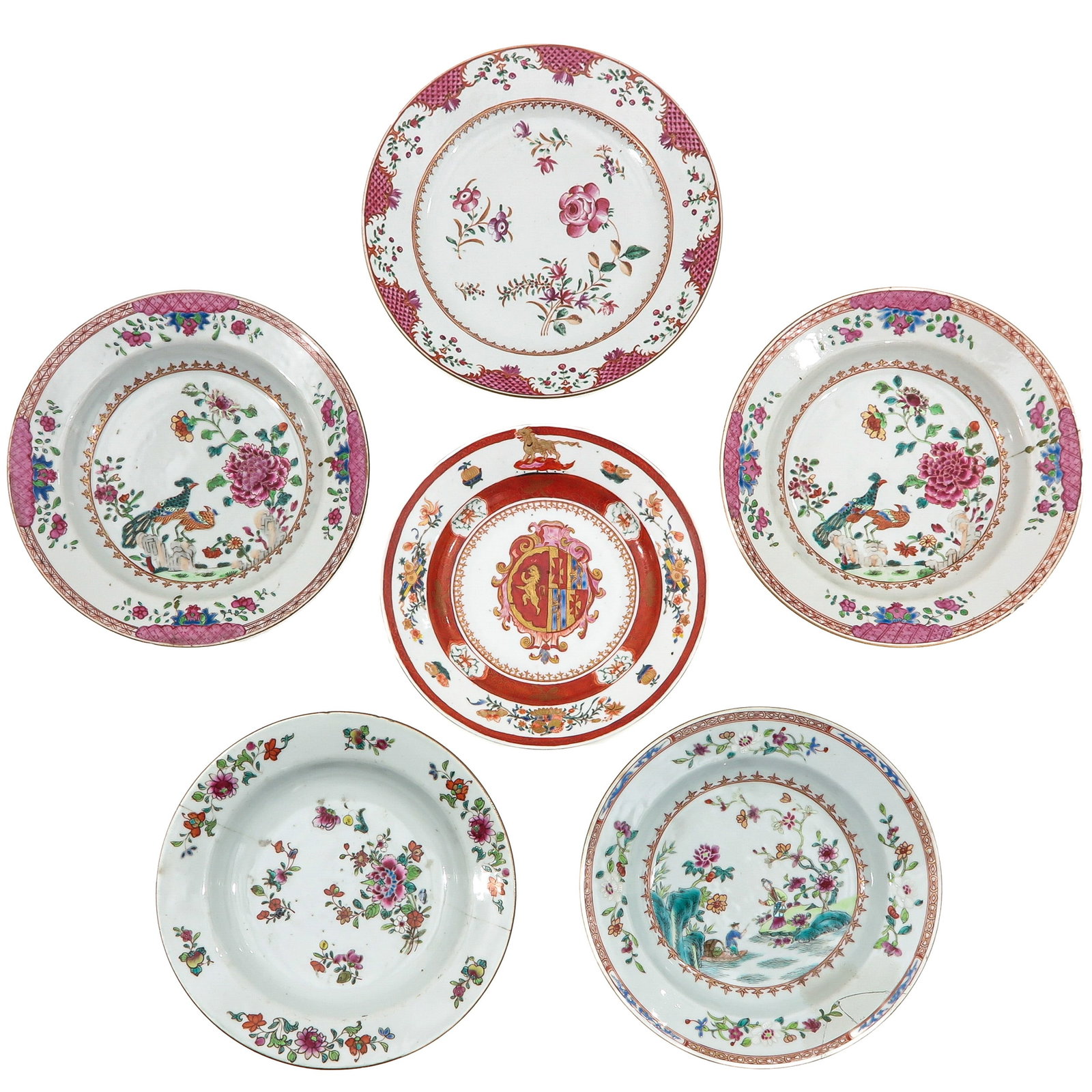 A Collection of 6 Plates: In a variety of decors, including 18th Century, largest plate is 23 cm. in diameter, in diverse conditions.