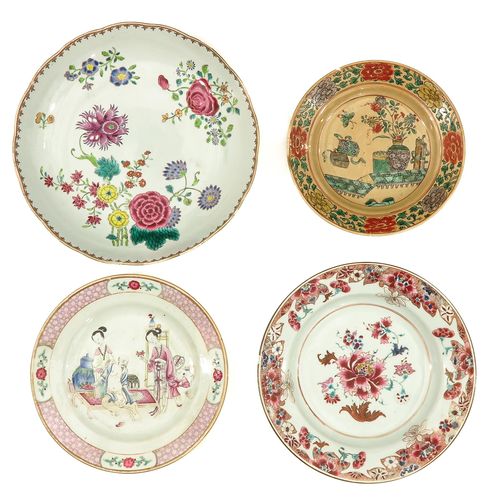 A Varied Collection of 4 Plates: In a variety of decors and sizes, including 18th Century, largest plate is 29 cm. in diameter, in diverse conditions.