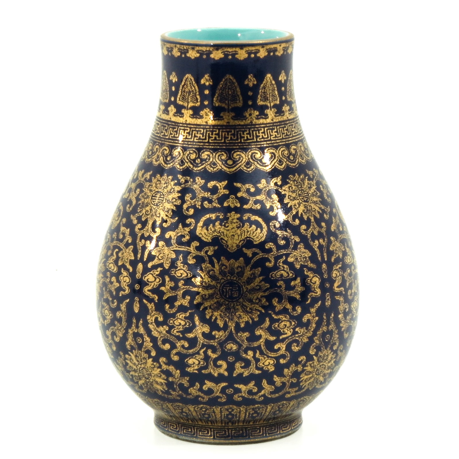 A Blue and Gilt Vase: Dark blue ground with floral gilt decor, Qianlong mark, 17 cm. tall, hairline in bottom.