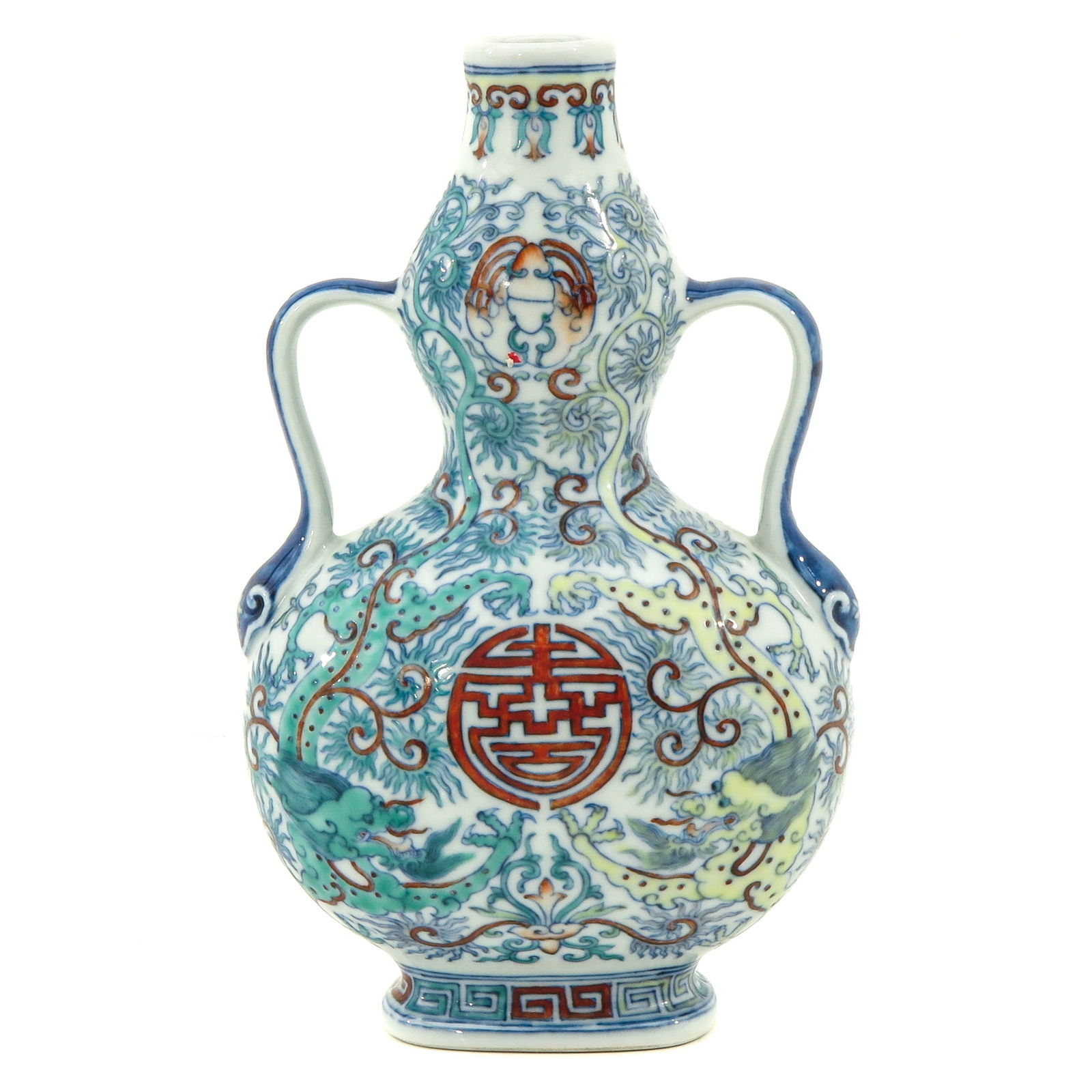 A Doucai Moon Flask Vase: Decorated with dragons, bats, and Signs of Longevity, Qianlong mark, 20 cm. tall.
