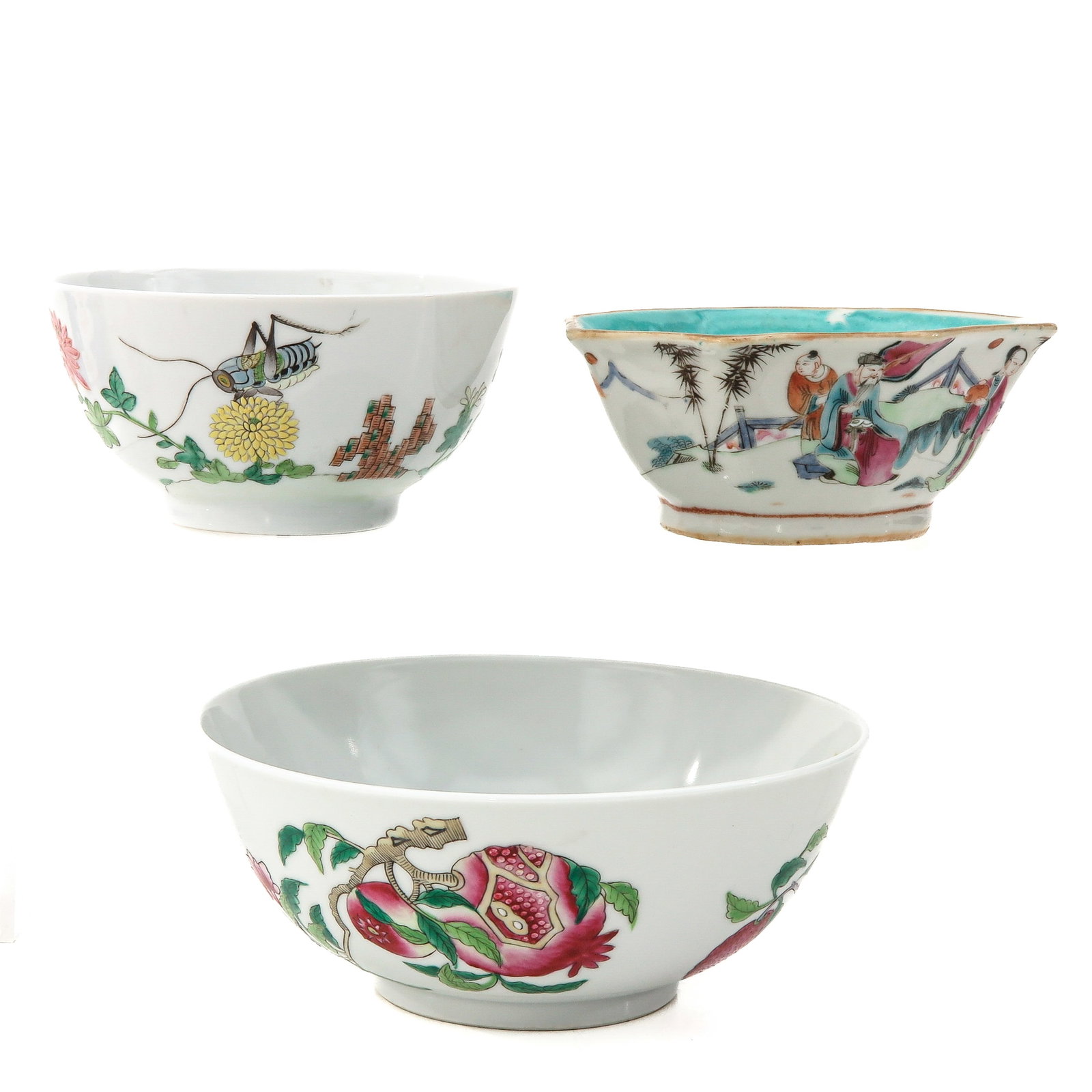 A Collection of 3 Bowls: Including altar dish depicting figures in garden, floral decor bowl with crickett and bowl decorated with fruit, largest bowl is 15 cm. in diameter