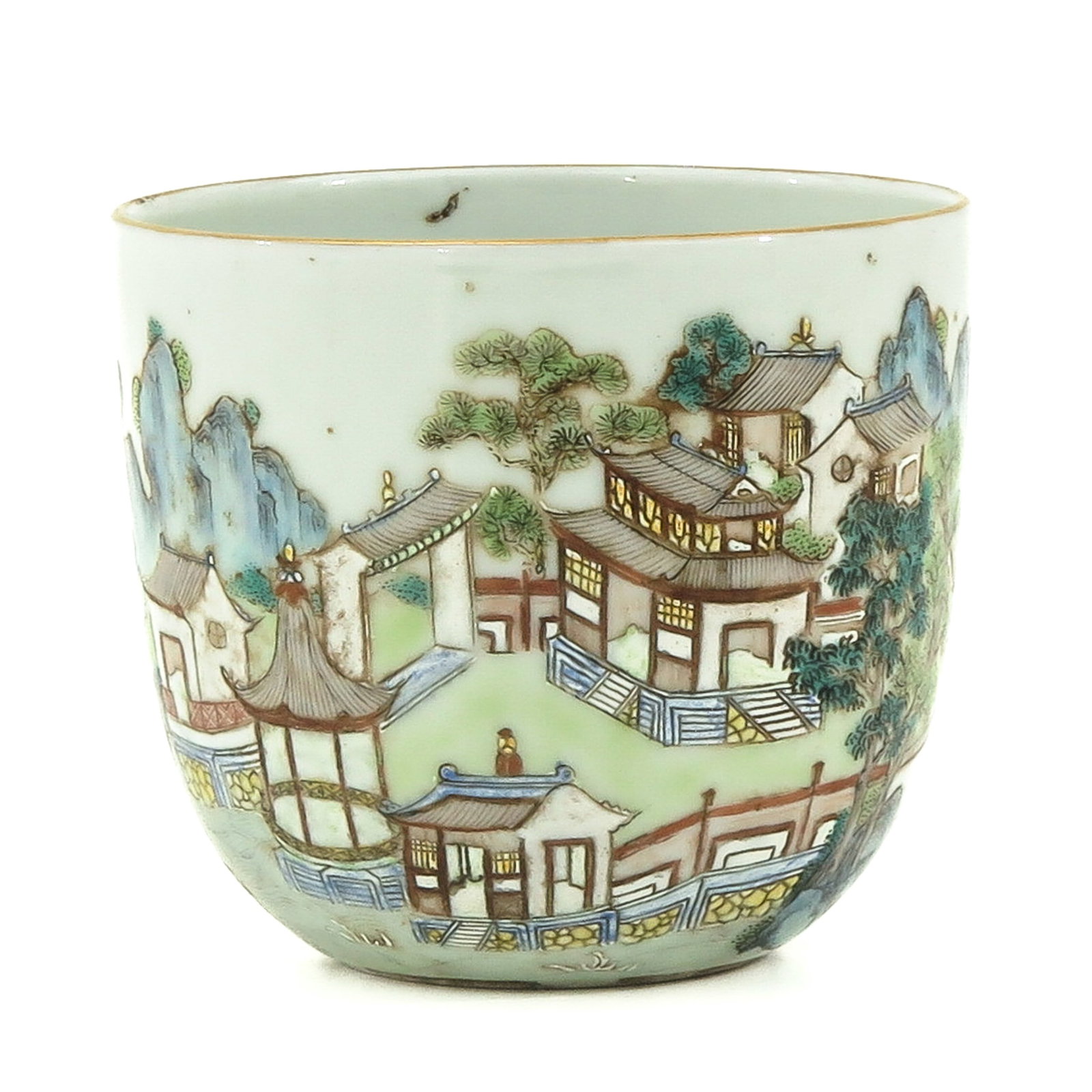 A Famille Rose Garden and Landscape Cup: Jiaqing mark, 7 cm. tall.