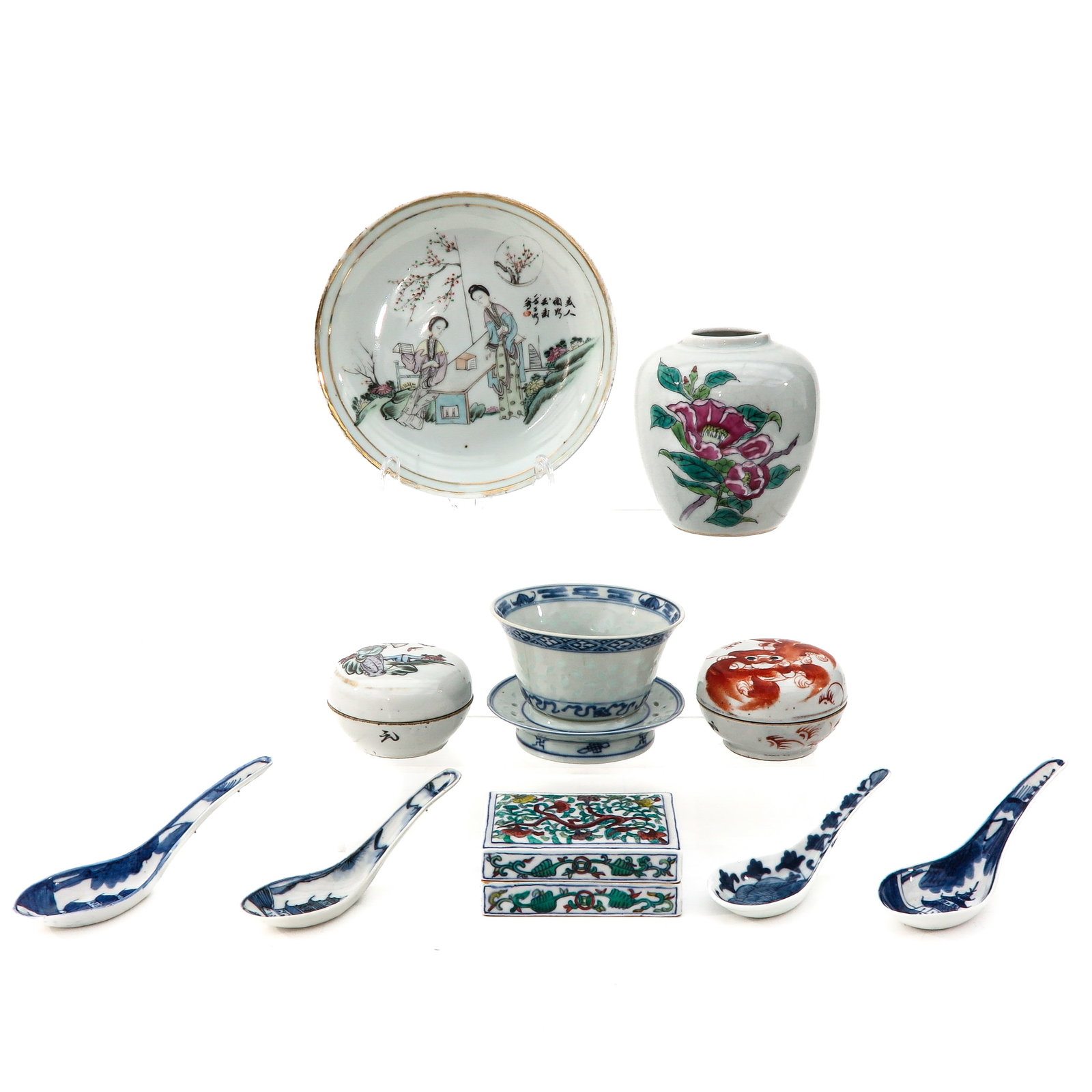 A Varied Collection of Porcelain: Including vase, jar, boxes, spoons and other items, vase is 11 cm. tall, in diverse conditions.