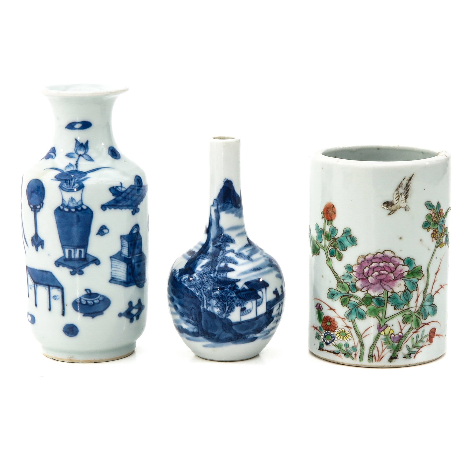A Collection of Porcelain: Including 2 vases and a pencil pot, vase decorated with Chinese antiquities is 14 cm. tall.