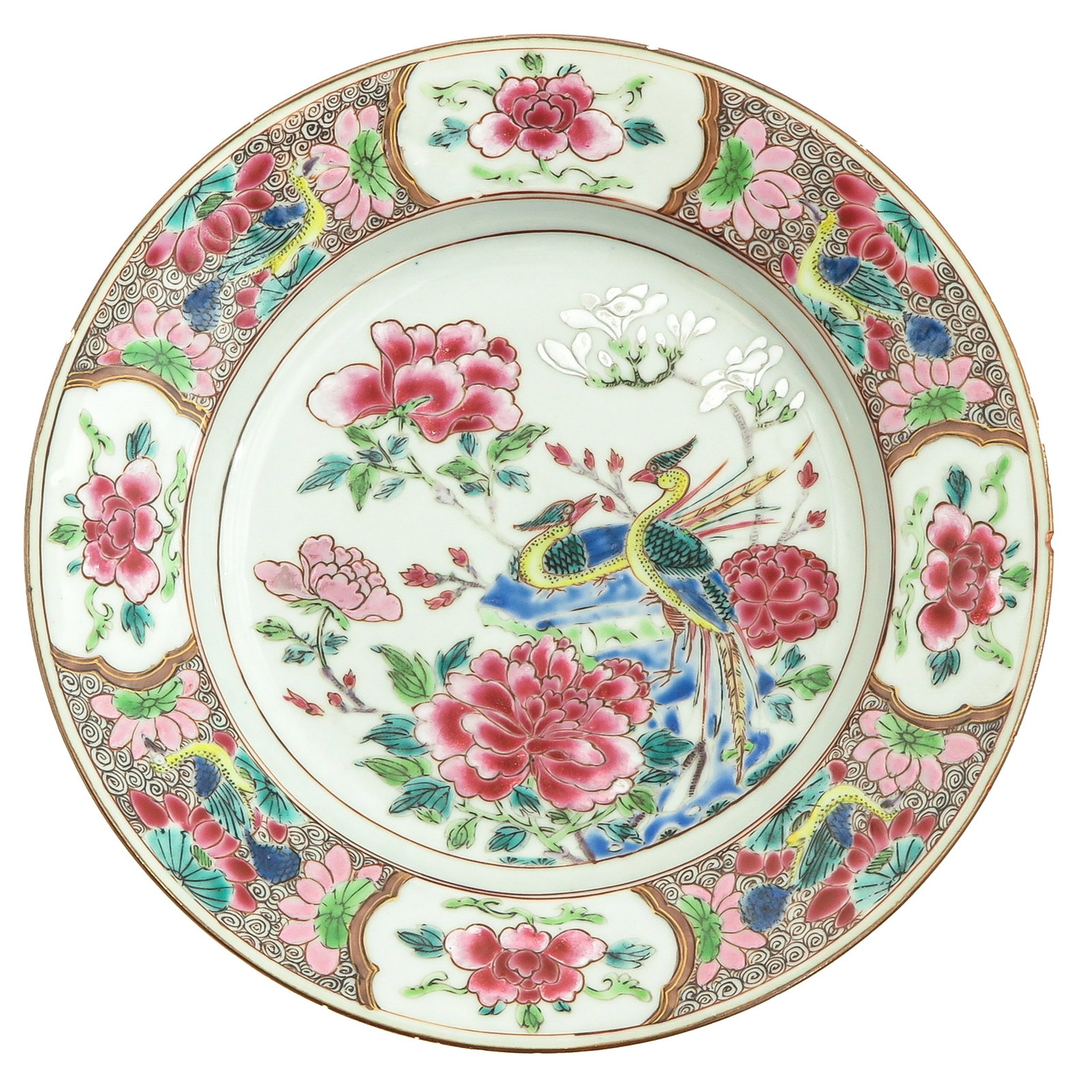A Famille Rose Plate: Depicting peacocks in garden, 18th Century, 23 cm. in diameter, chip.