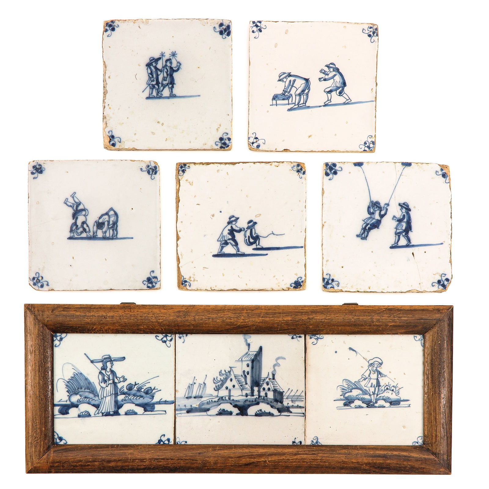 A Lot of 8 Tiles: 8 pieces of Dutch tiles, including scenes with playing children, 13 x 13 cm.
