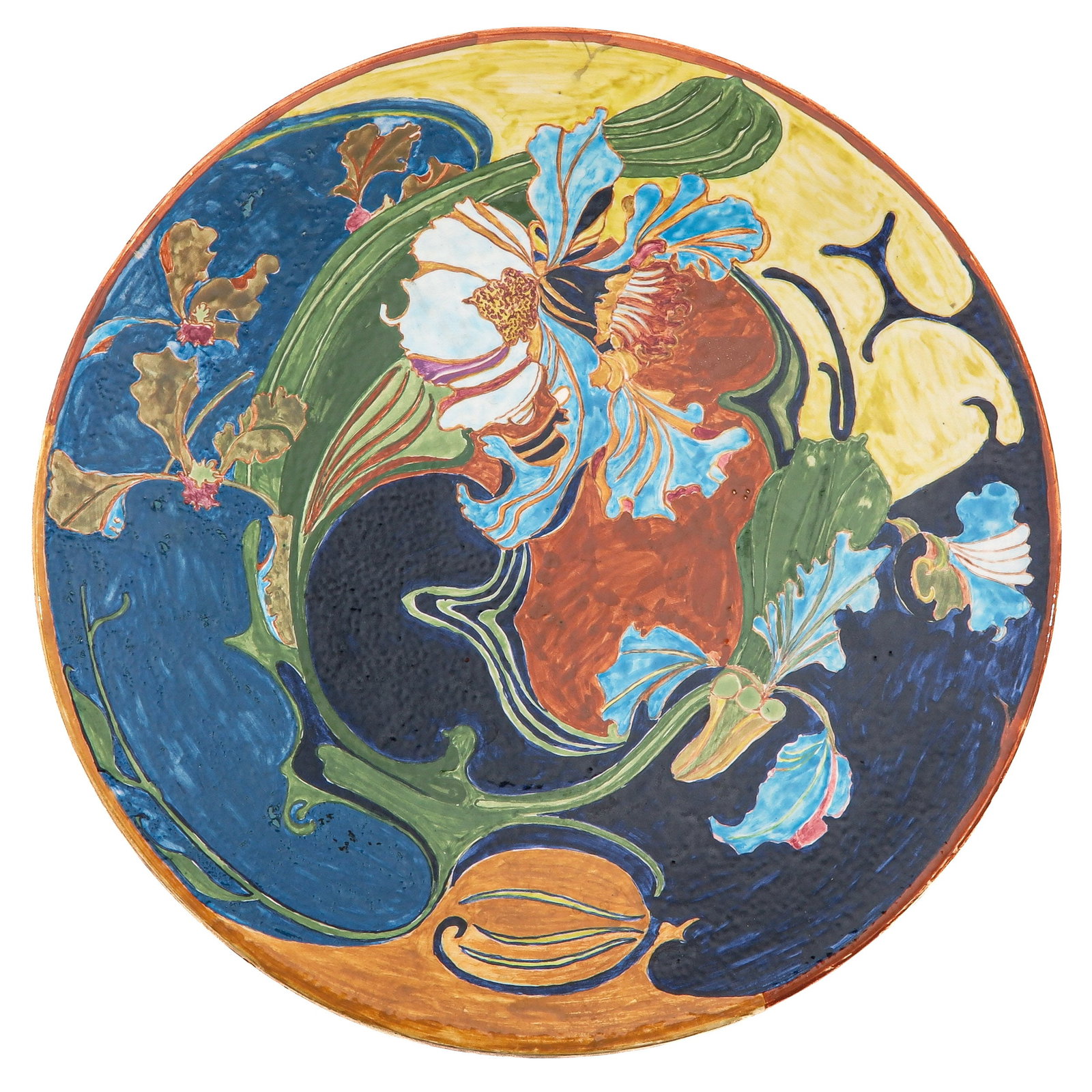 A Rozenburg Dish: earthenware, marked Rozenburg Den Haag, depicting flowers, diameter 28 cm.
