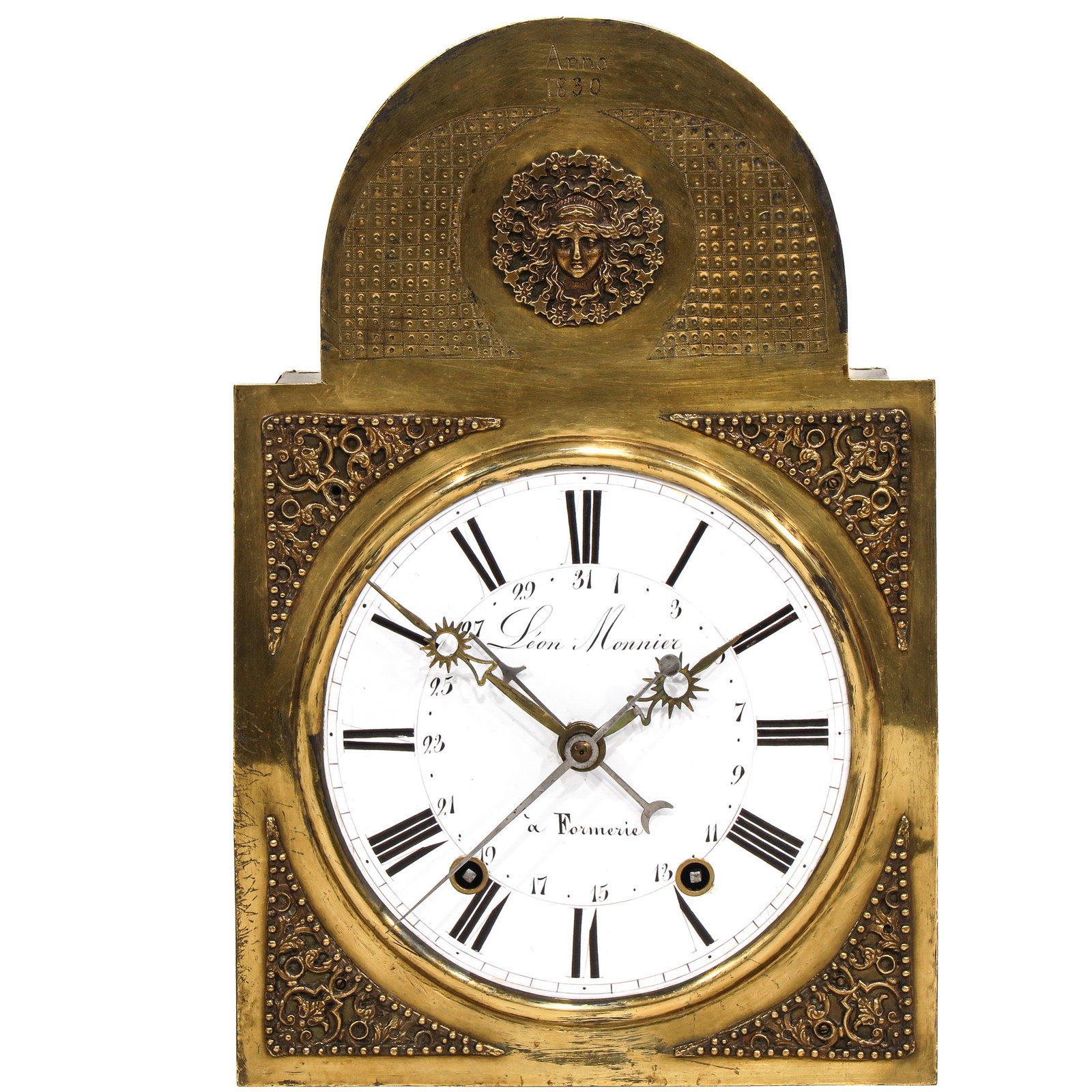 A Comtoise: Sun King, signed Leon Monnier á Formerie, with original dial front, with day indication and seconds hand with slip clutch transmission, 1830, height 41 cm.