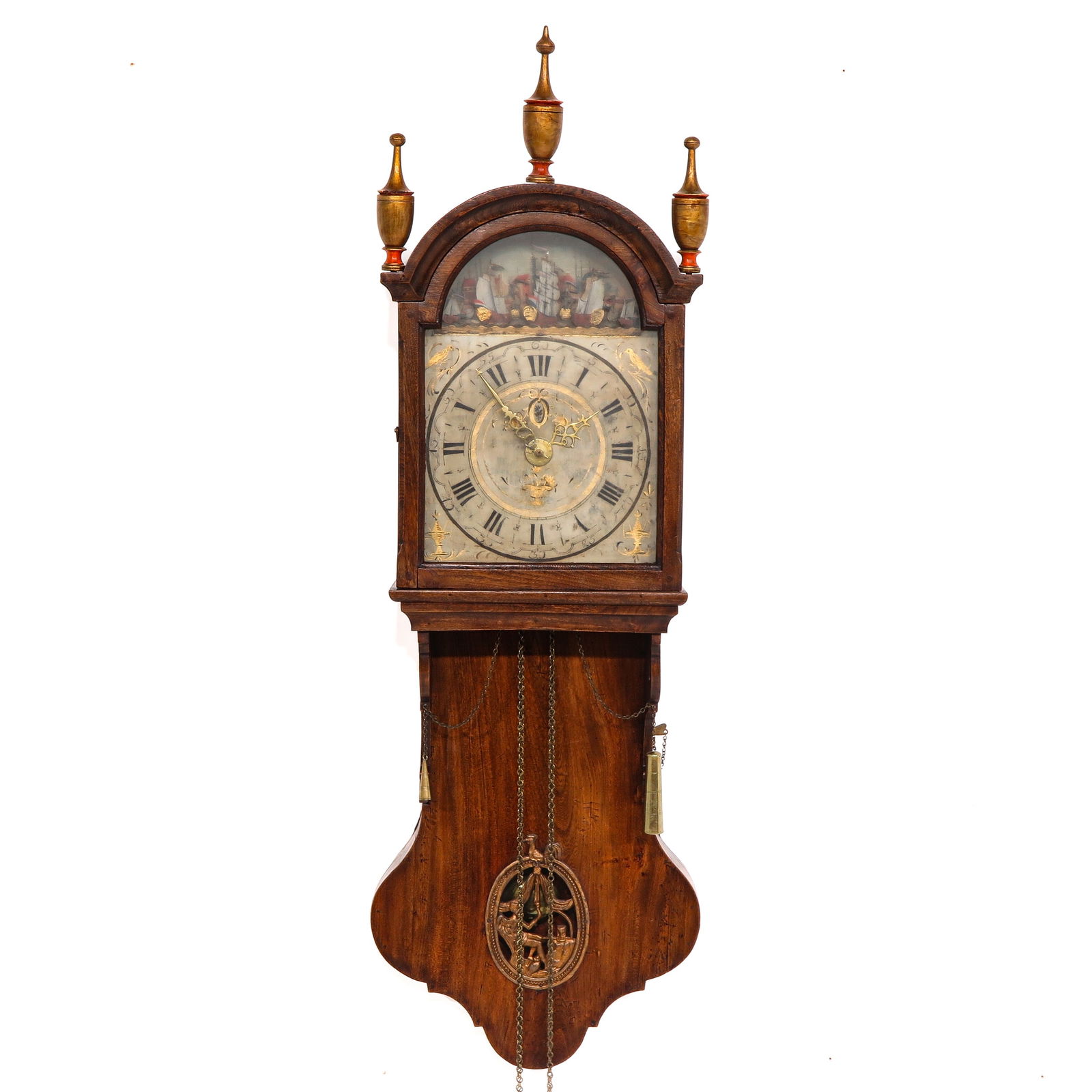 A Dutch Scheepjes Clock: Friesland, with 7 gallions, ships and swans, rare half-sized case, original dial and flute vases, length 130 cm.