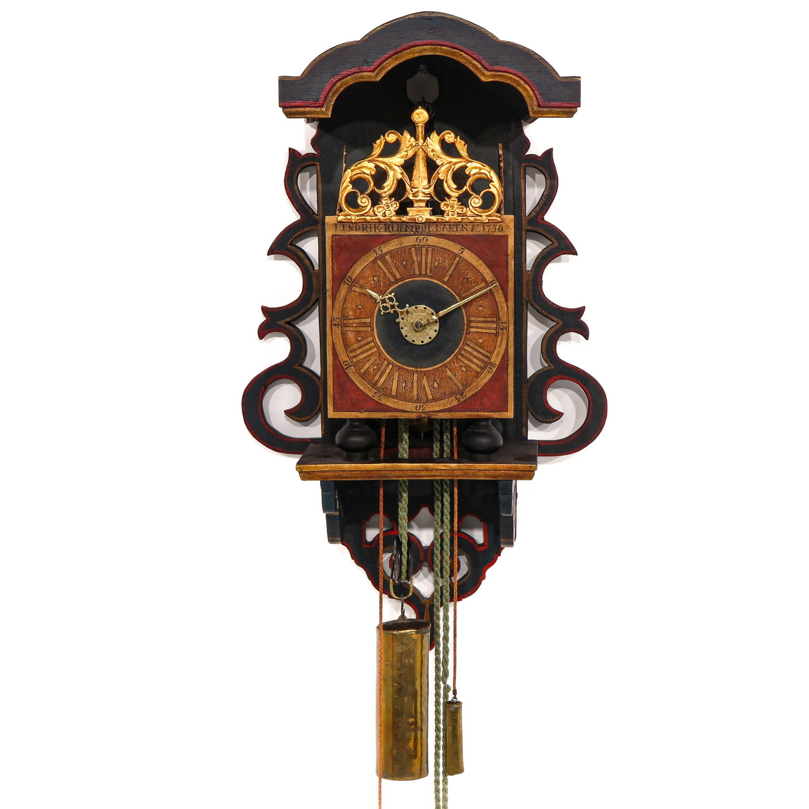 A Ruempol Clock: Gelderse chair clock, signed Hendrik Ruempol Laaren 1756, very beautiful brass hour hand, with verge escapement, alarm mechanism and half-hourly striking on a bell, the movement corresponds to that of